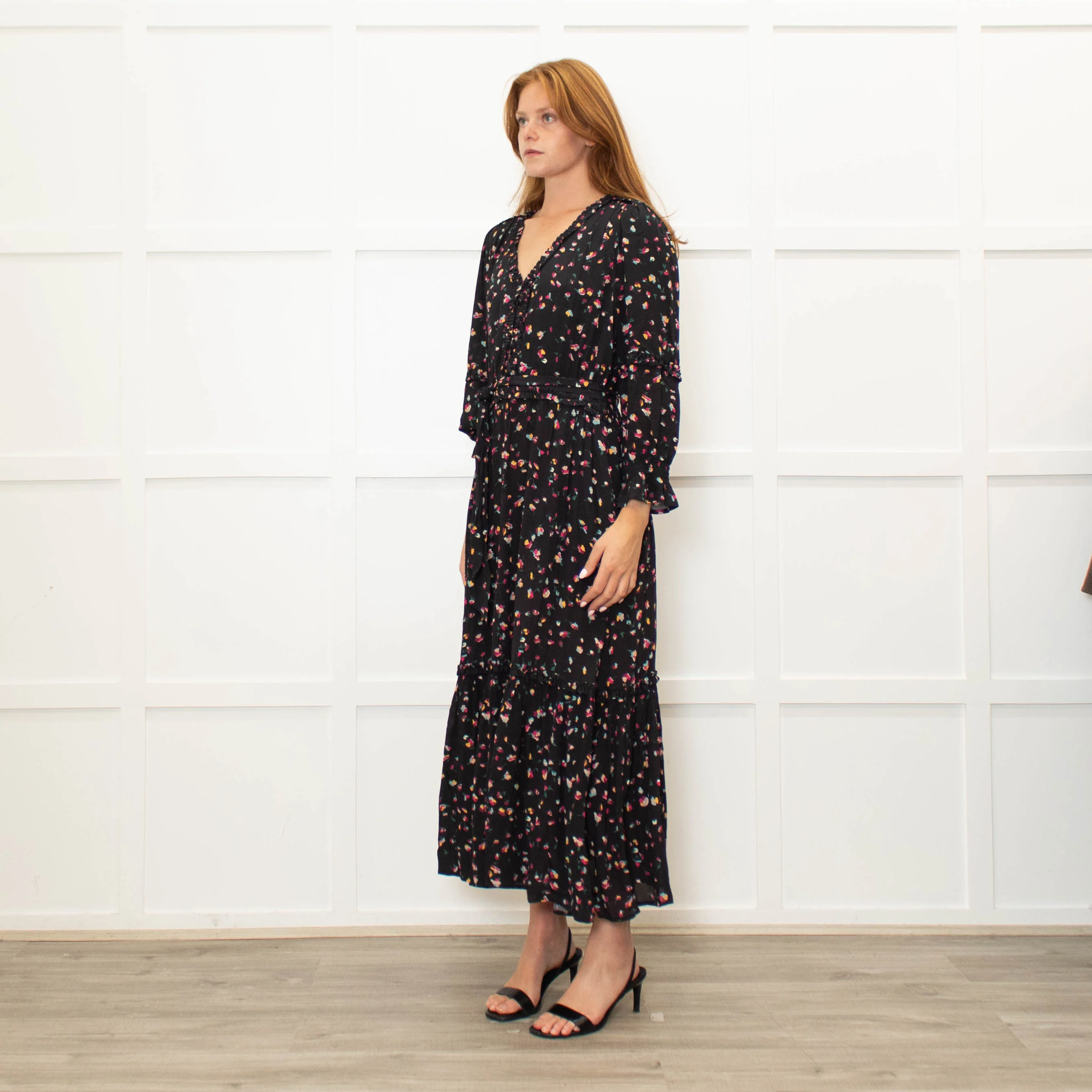 Wyse Black Multi Flower Print Full Length V Neck Dress - Image 3