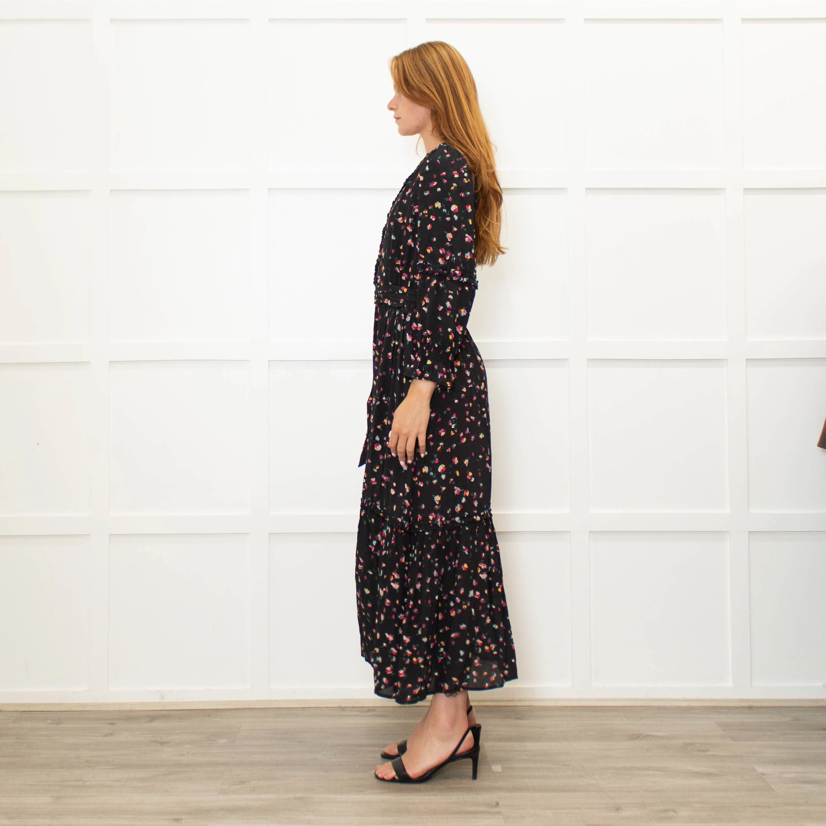 Wyse Black Multi Flower Print Full Length V Neck Dress - Image 4
