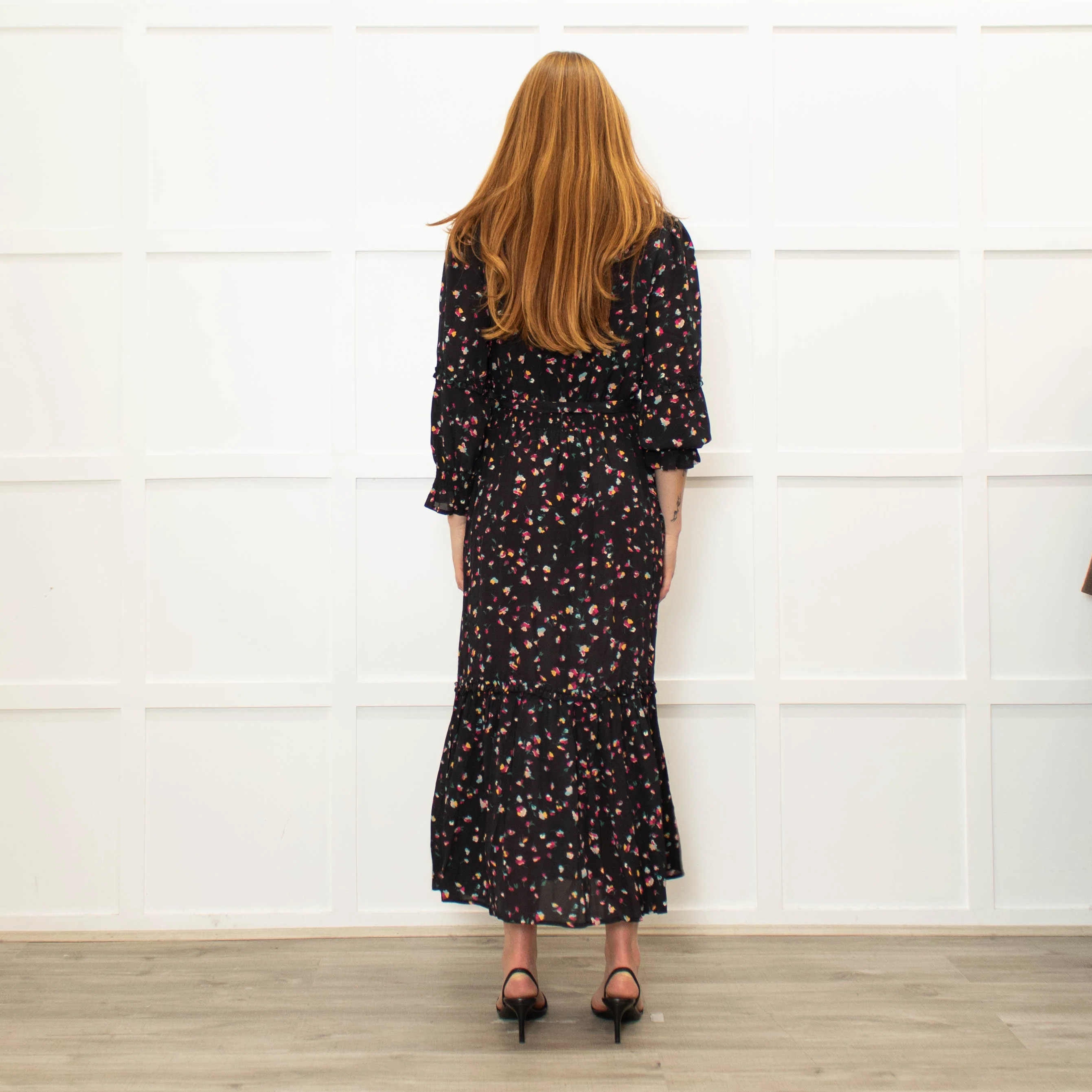 Wyse Black Multi Flower Print Full Length V Neck Dress - Image 5