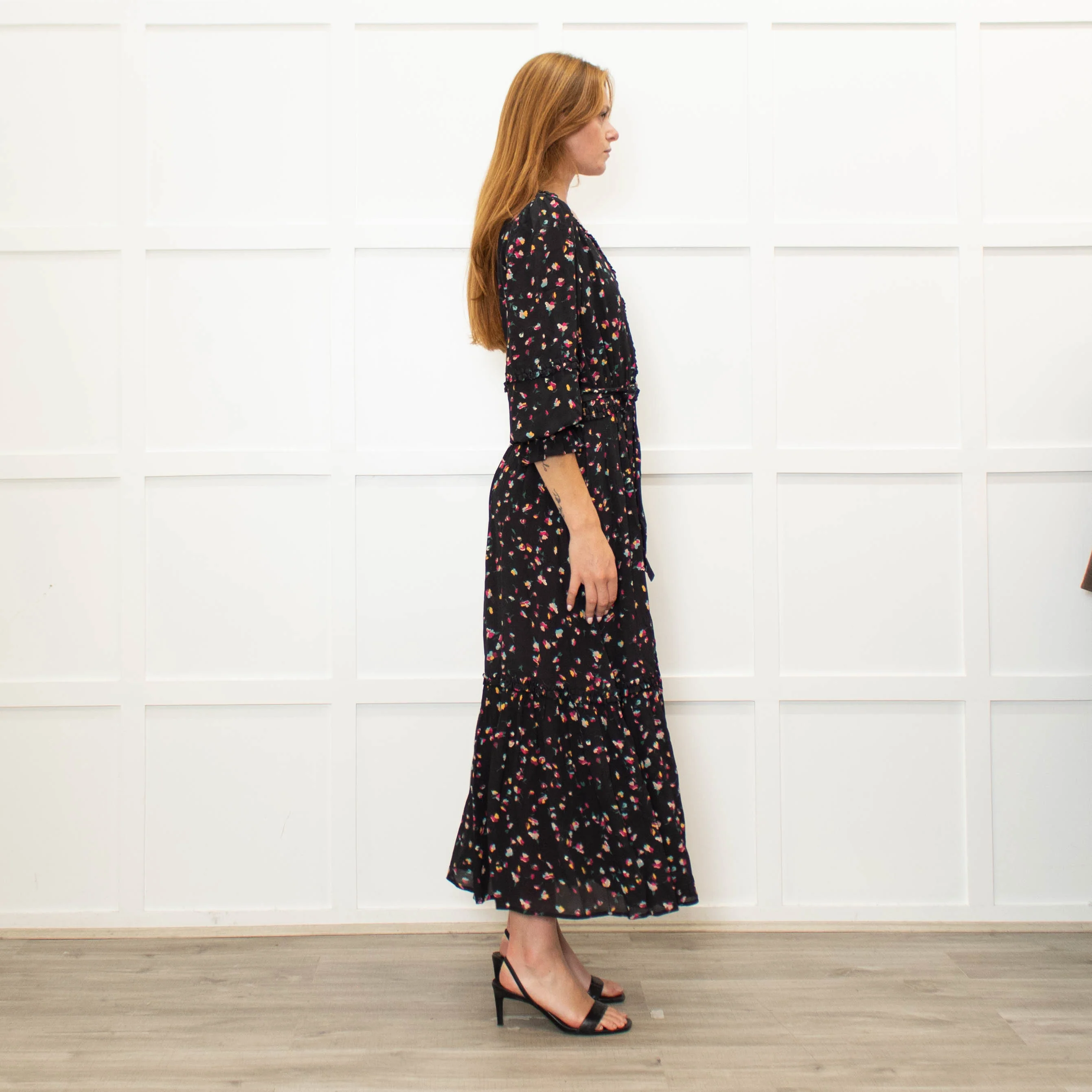 Wyse Black Multi Flower Print Full Length V Neck Dress - Image 6