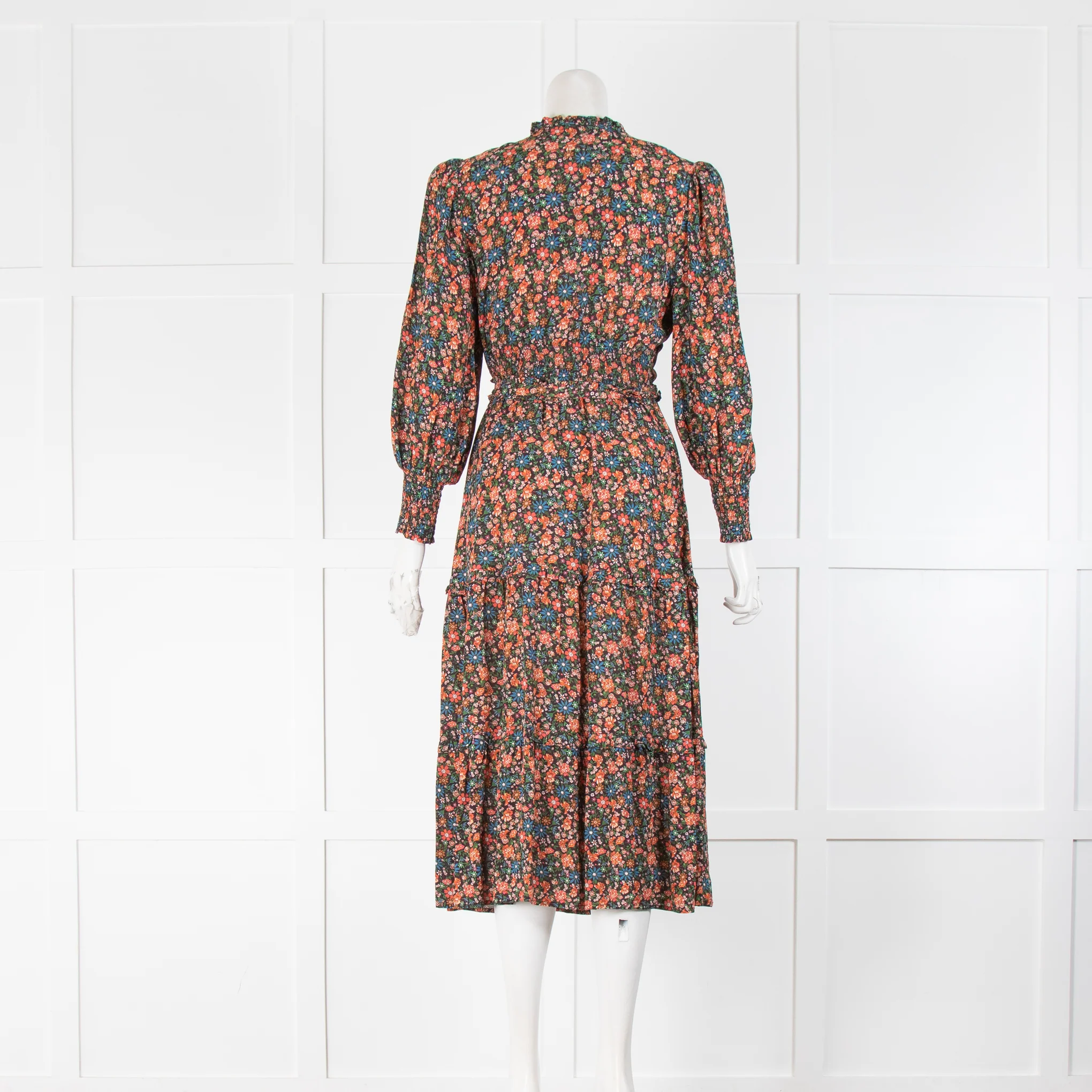 Wyse Black Orange Blue Floral Tiered Belted Midi Dress - Image 3