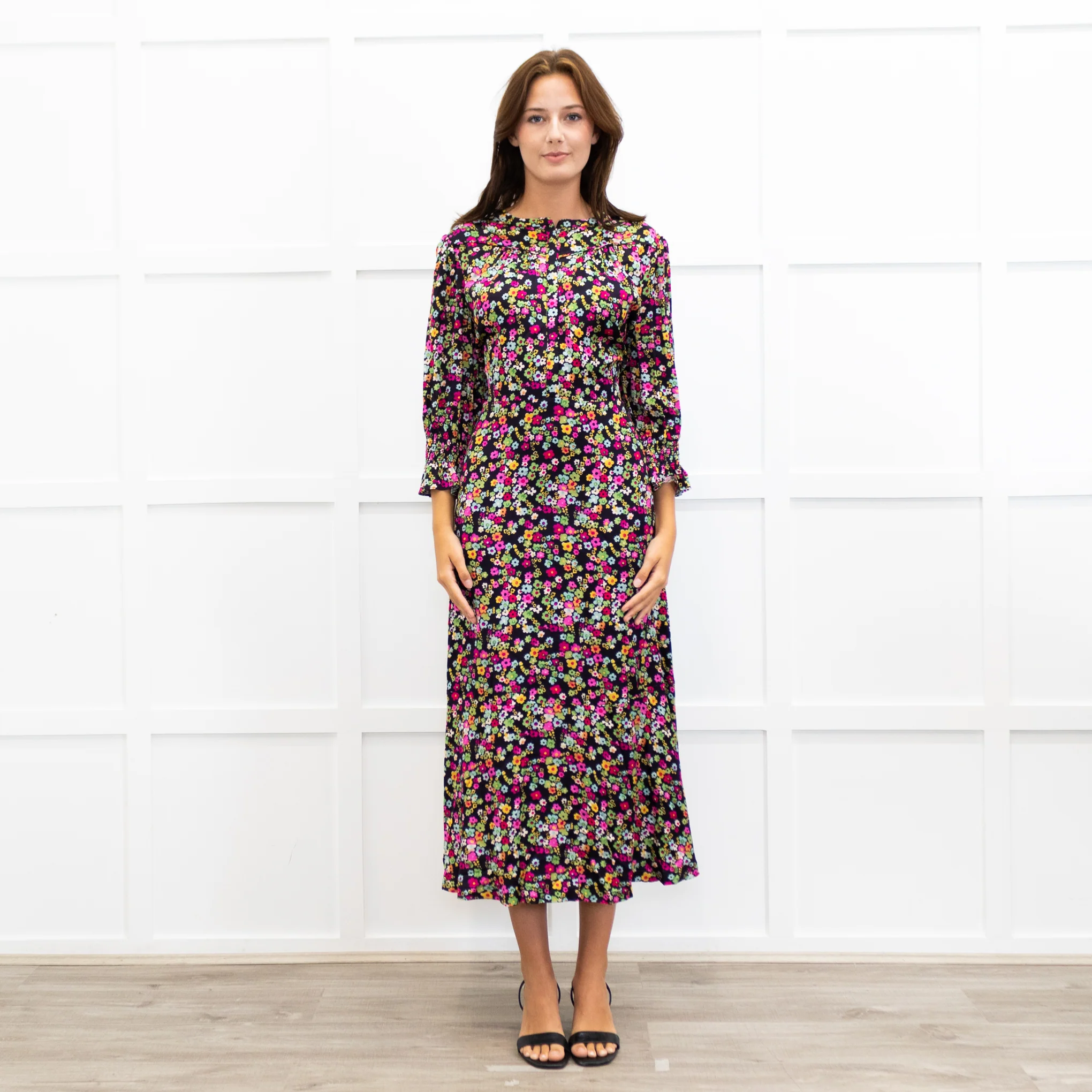 Wyse Black Sabine Floral Spot Print Midi Dress