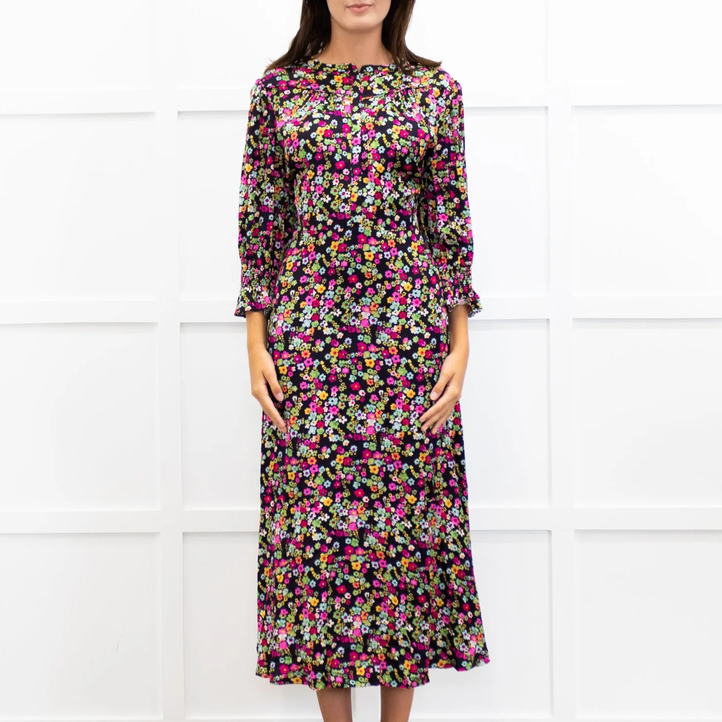Wyse Black Sabine Floral Spot Print Midi Dress - Image 2
