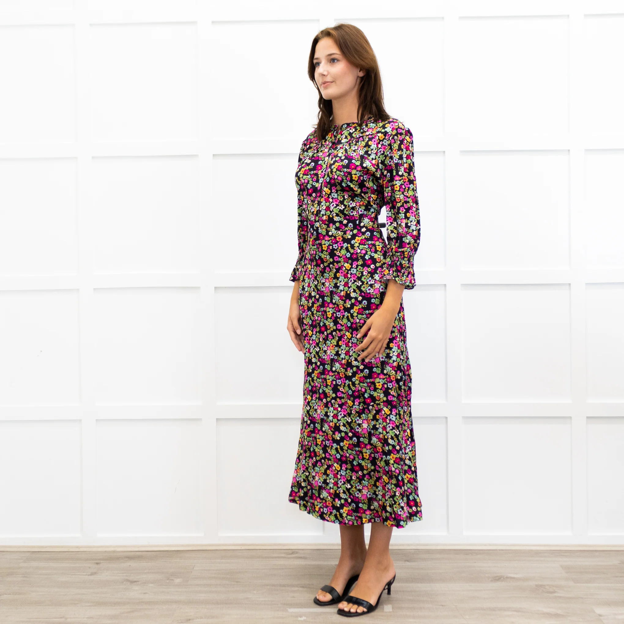 Wyse Black Sabine Floral Spot Print Midi Dress - Image 3
