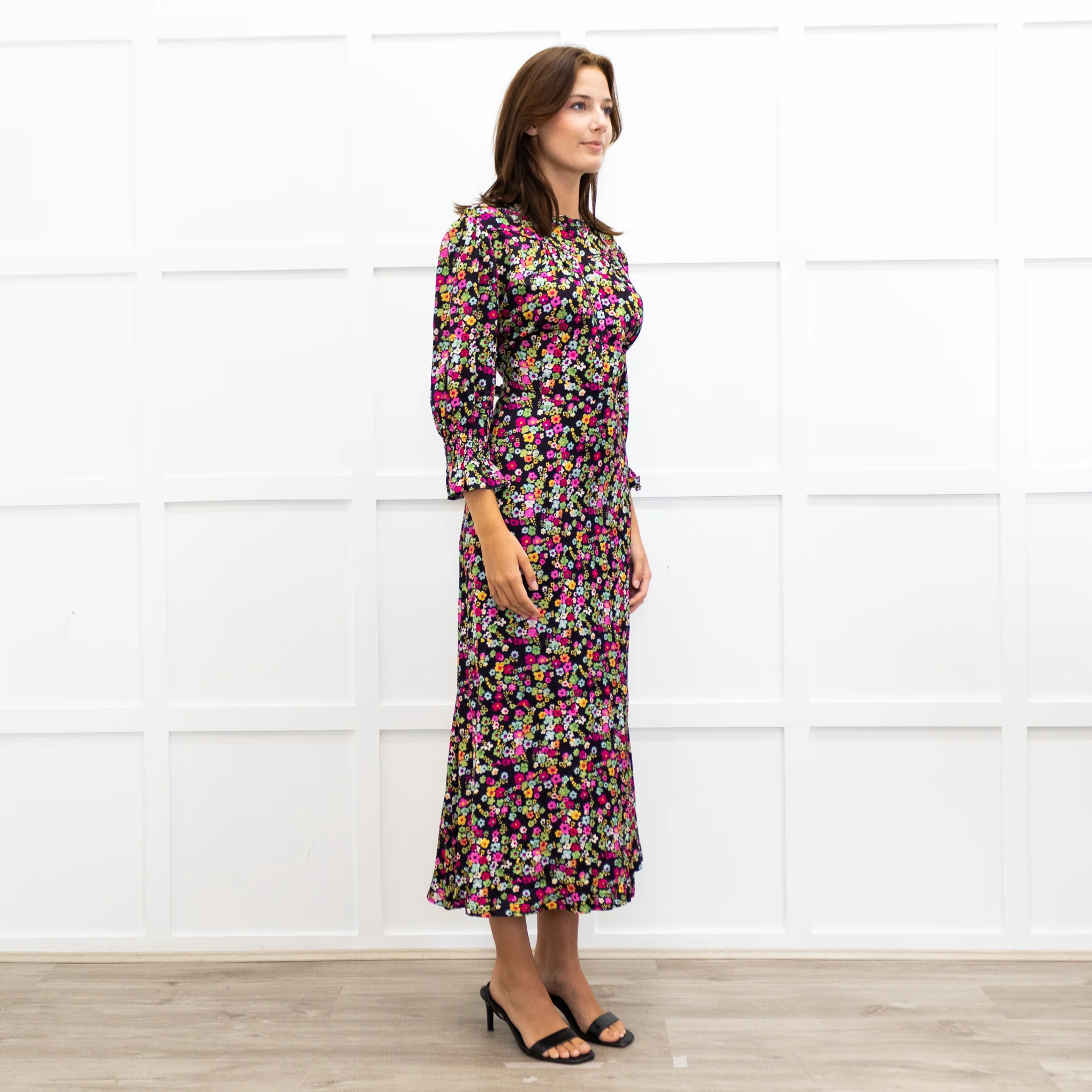 Wyse Black Sabine Floral Spot Print Midi Dress - Image 4