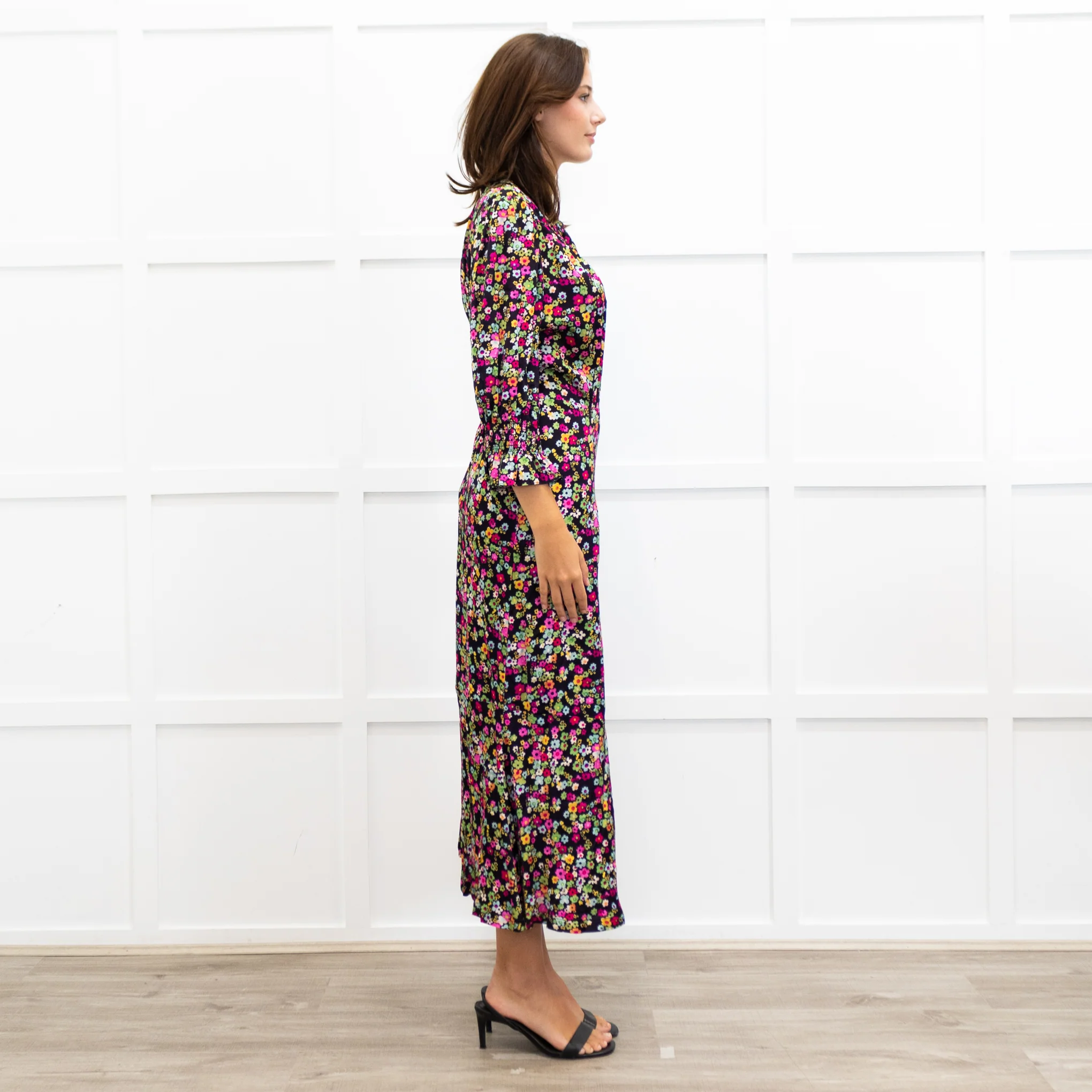 Wyse Black Sabine Floral Spot Print Midi Dress - Image 5