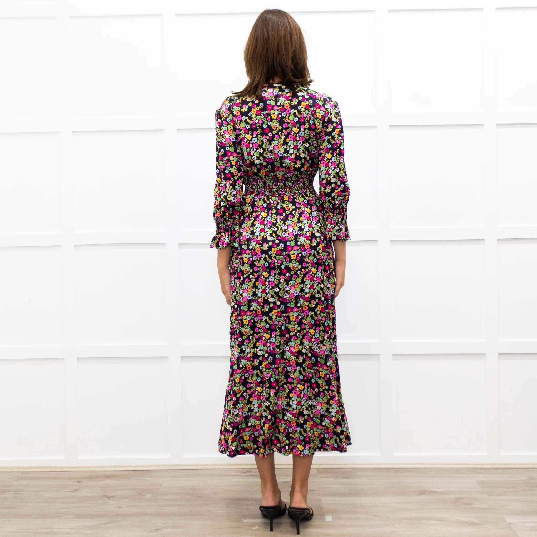 Wyse Black Sabine Floral Spot Print Midi Dress - Image 6