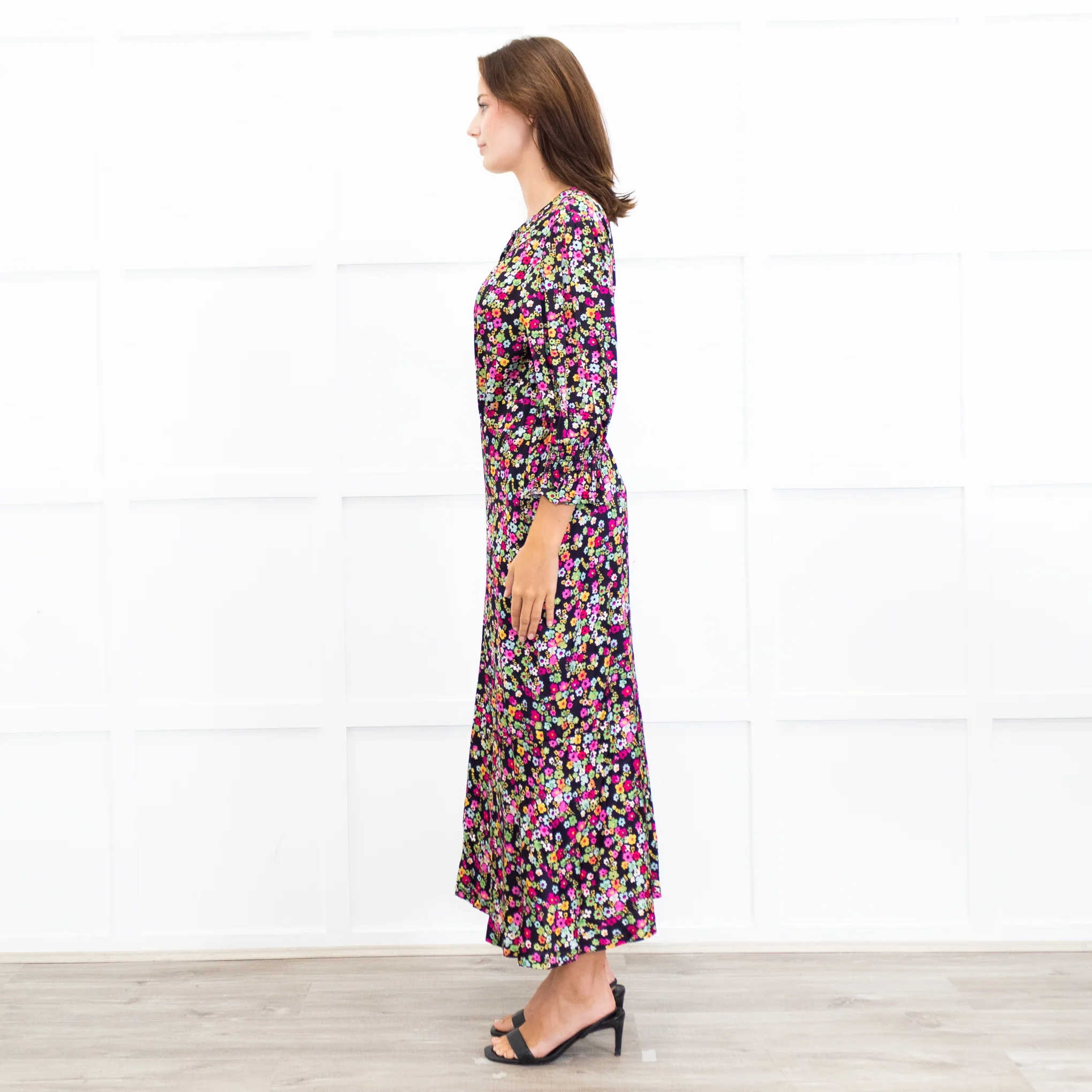 Wyse Black Sabine Floral Spot Print Midi Dress - Image 7