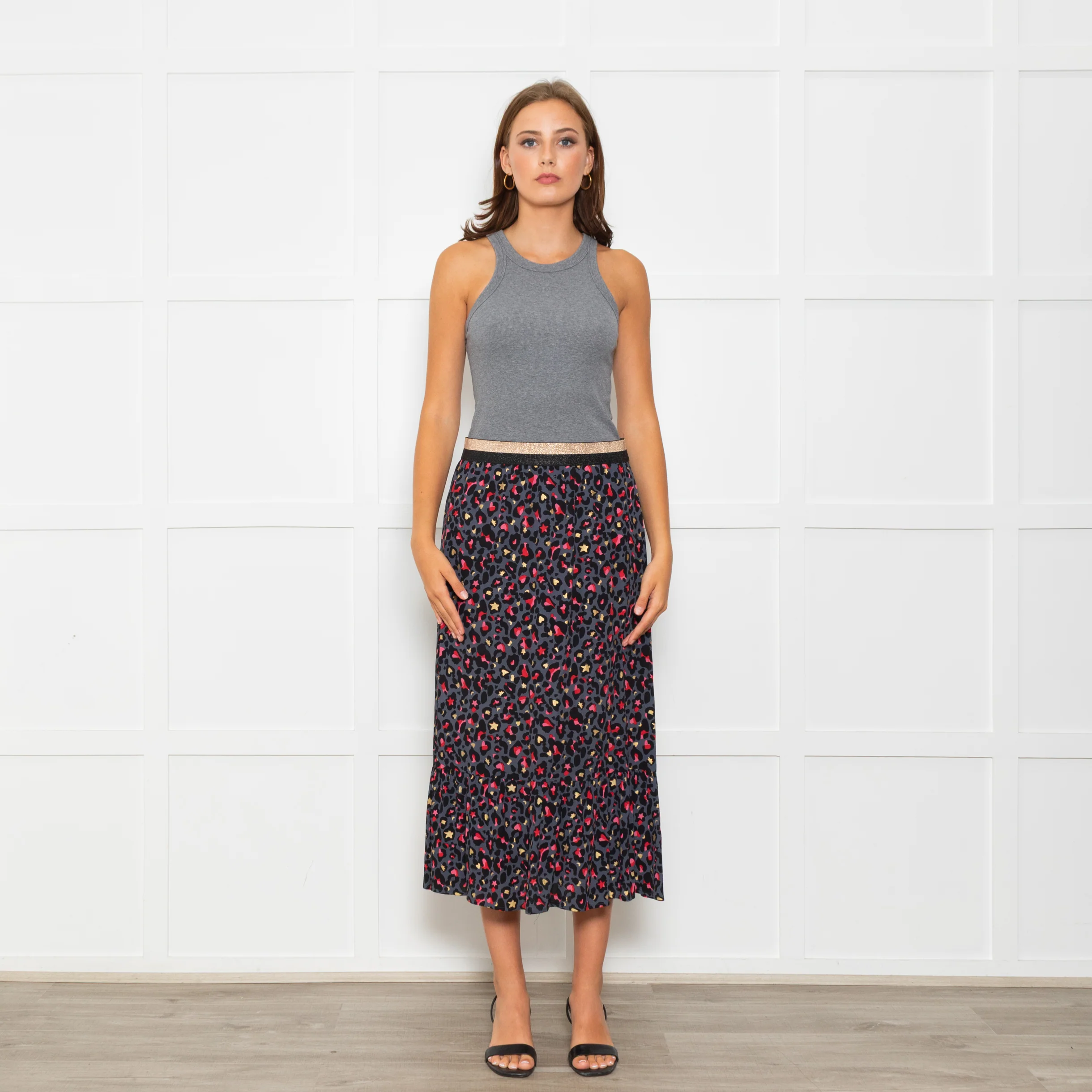 Wyse Grey Black Pink Animal Print Elasticated Waist Skirt
