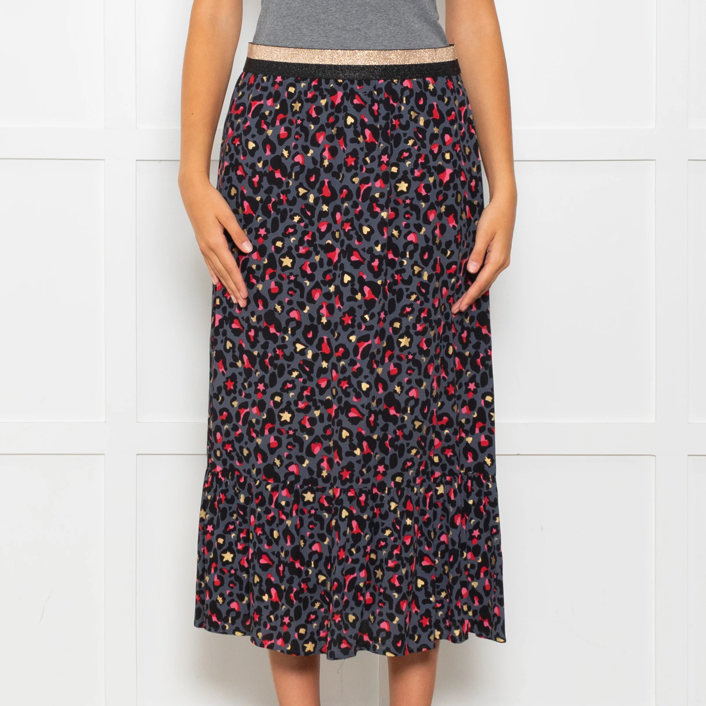 Wyse Grey Black Pink Animal Print Elasticated Waist Skirt - Image 2