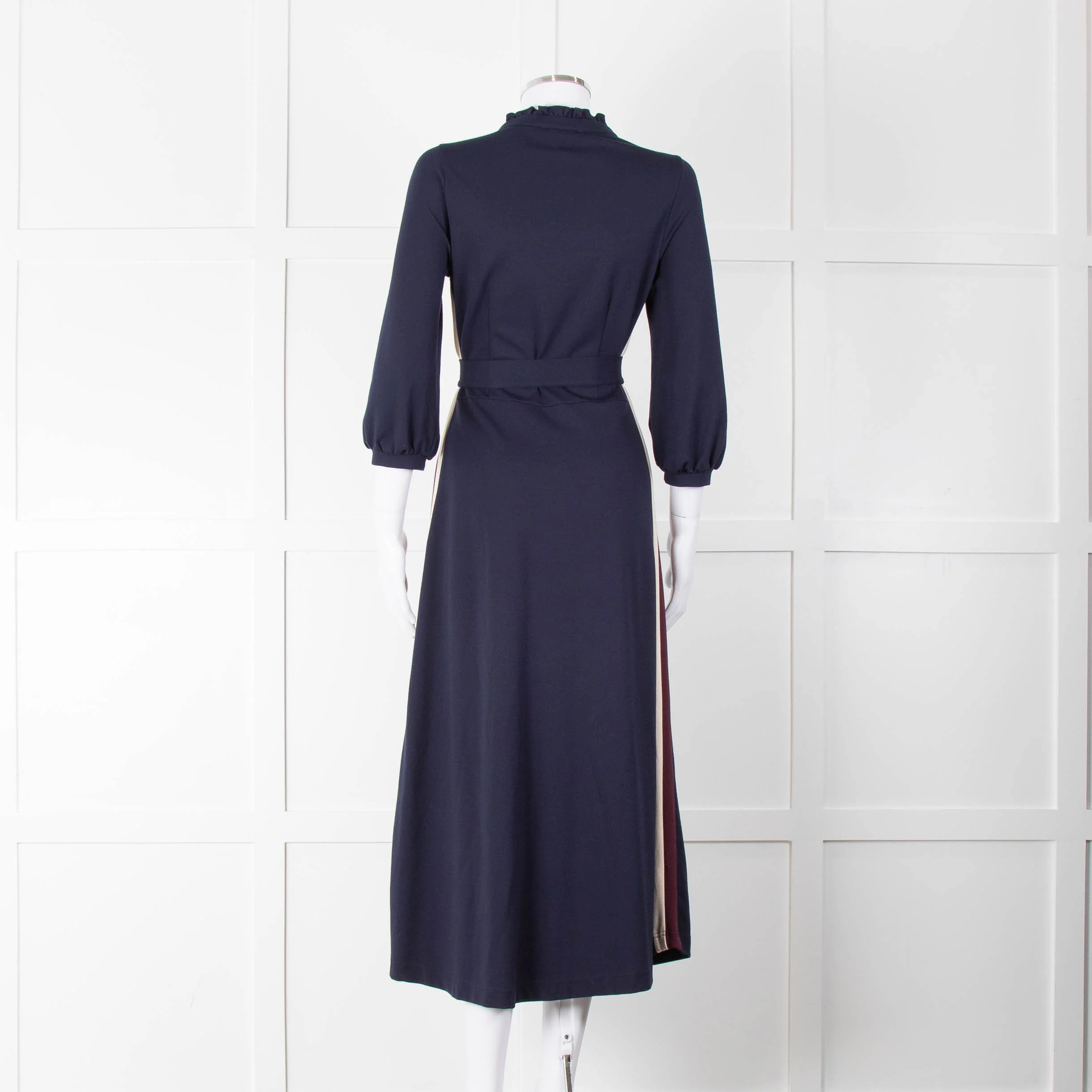 WYSE Blue Cream Burgundy Side Stripe Jersey Belted Dress - Image 5