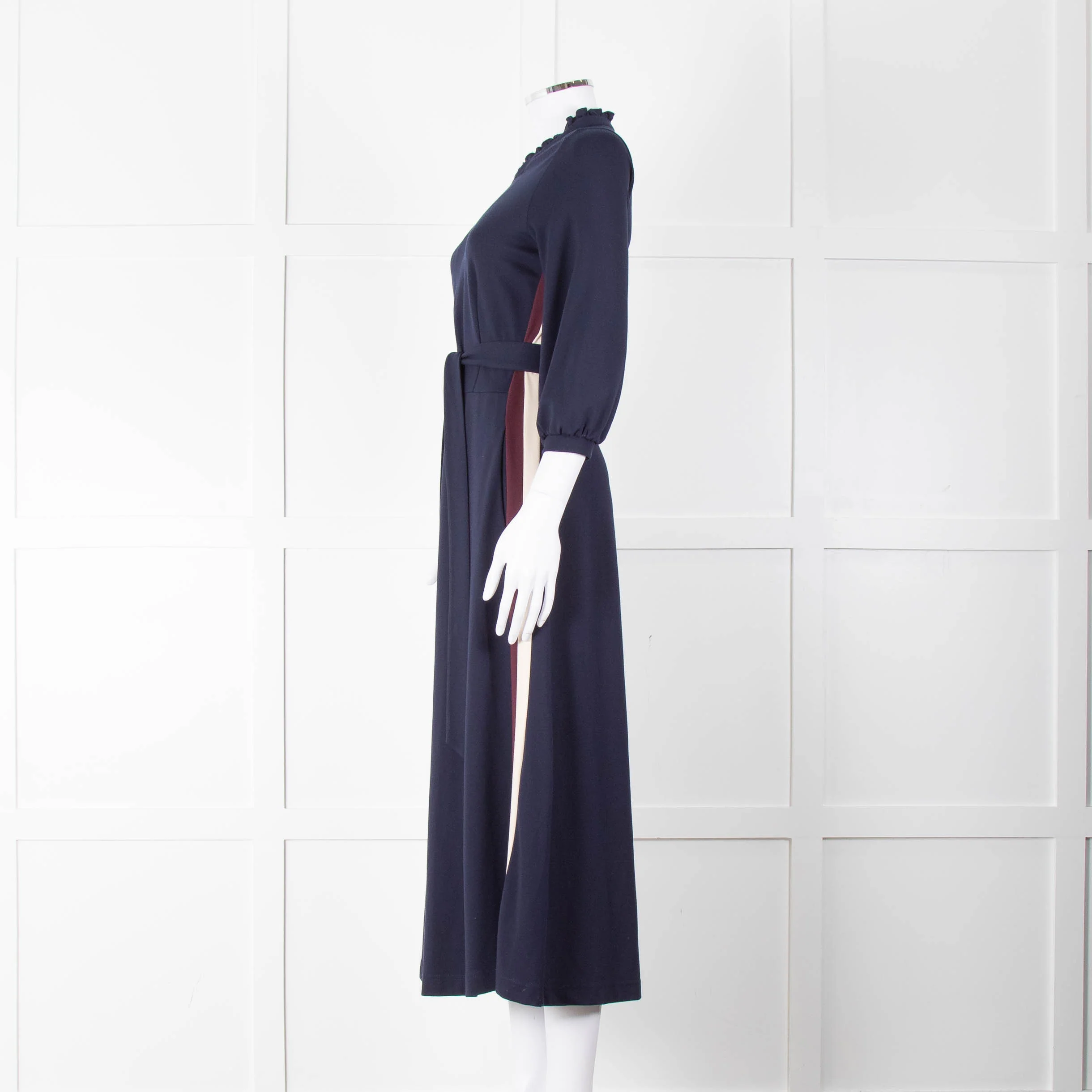 WYSE Blue Cream Burgundy Side Stripe Jersey Belted Dress - Image 7