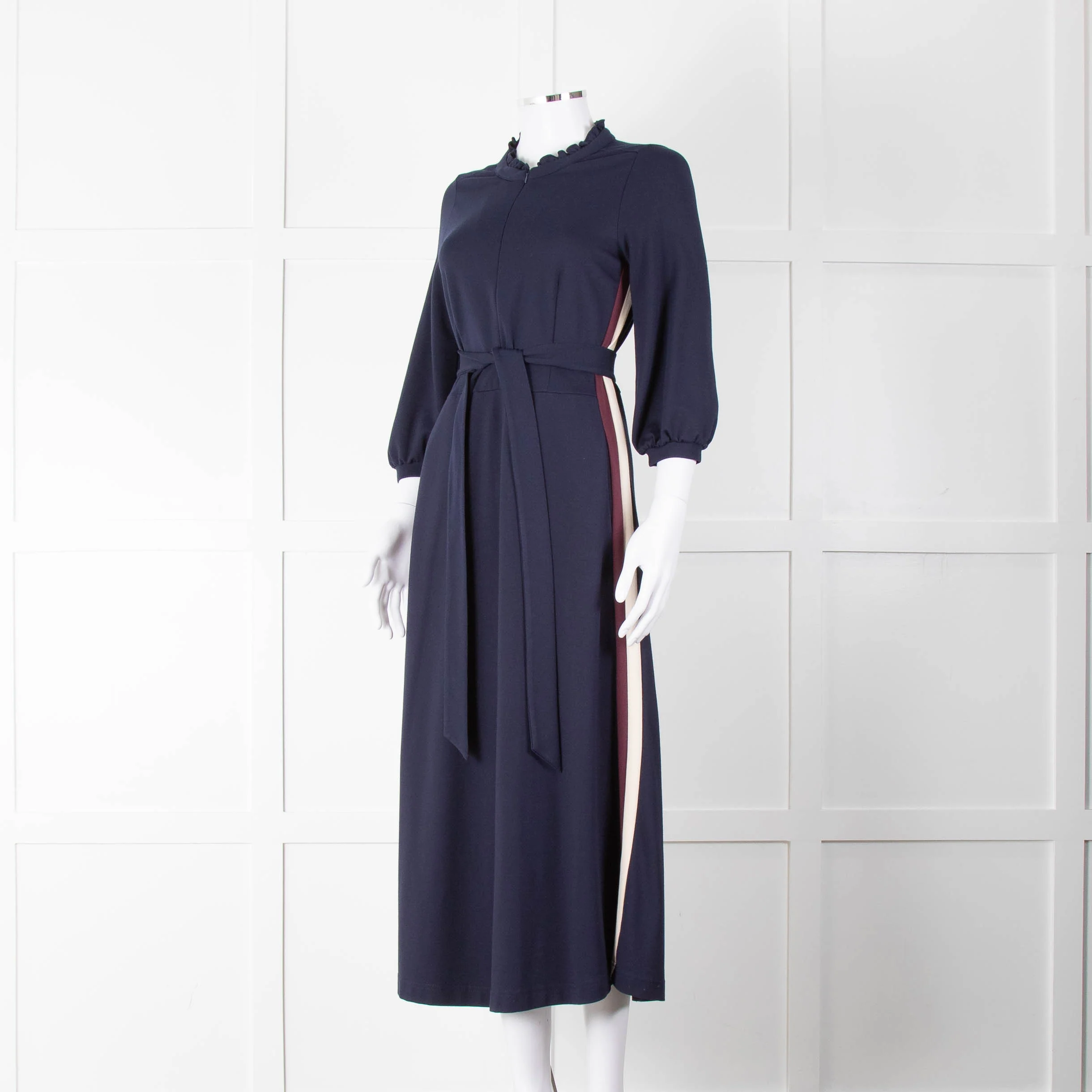WYSE Blue Cream Burgundy Side Stripe Jersey Belted Dress - Image 8