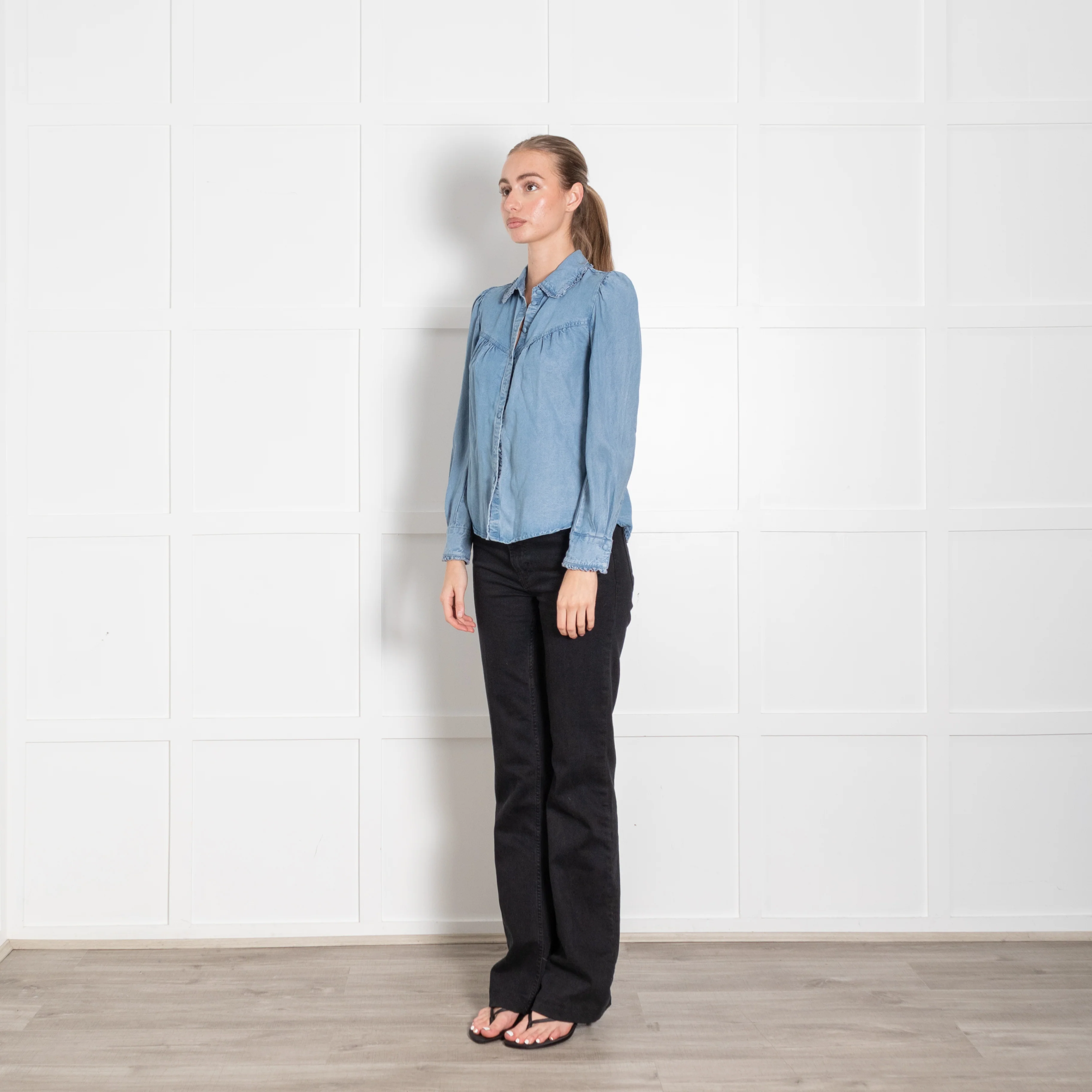 Wyse Blue Denim Frill Trim Long Sleeve Blouse - Image 3