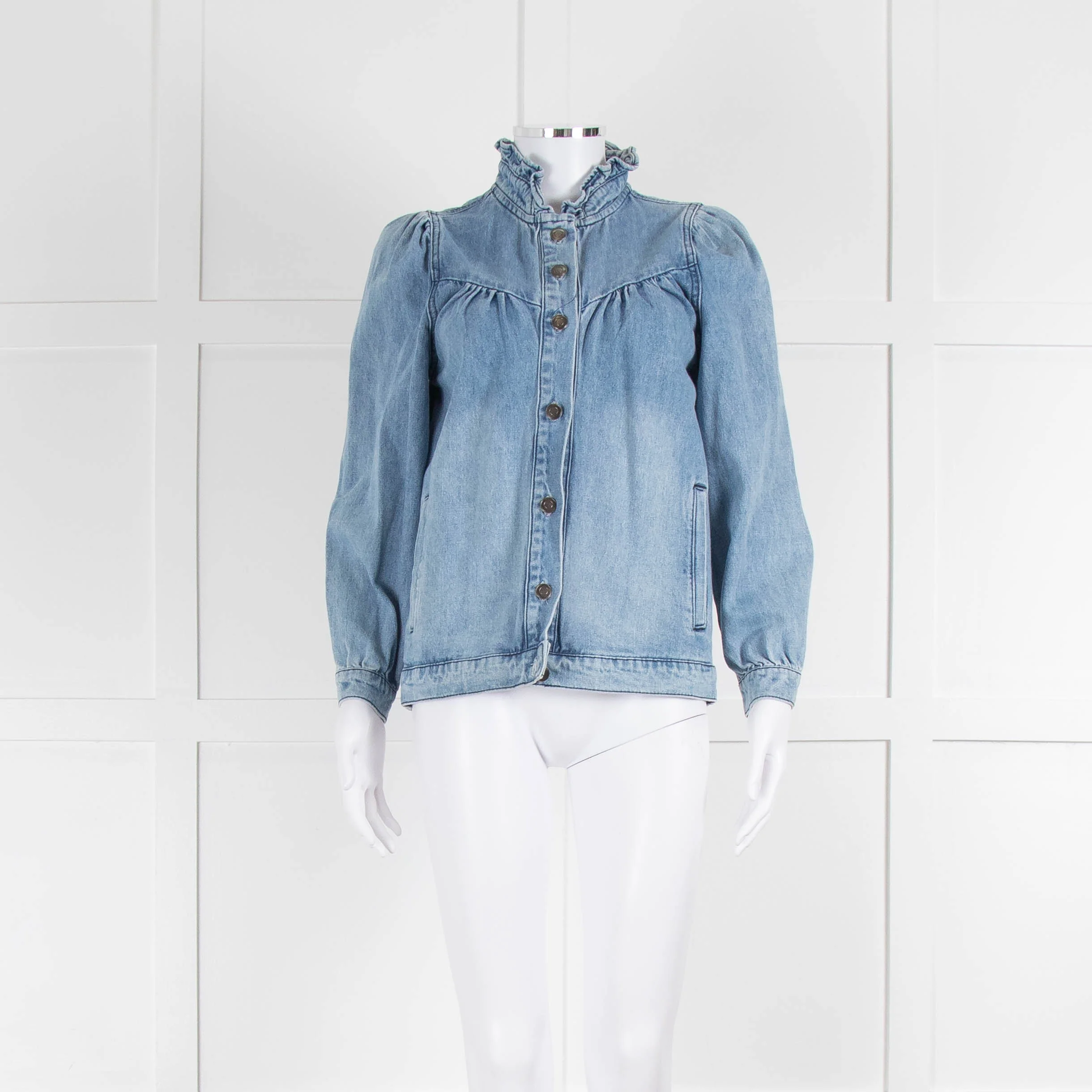 Wyse Blue Frill Detail Neck Front Button Denim Shirt
