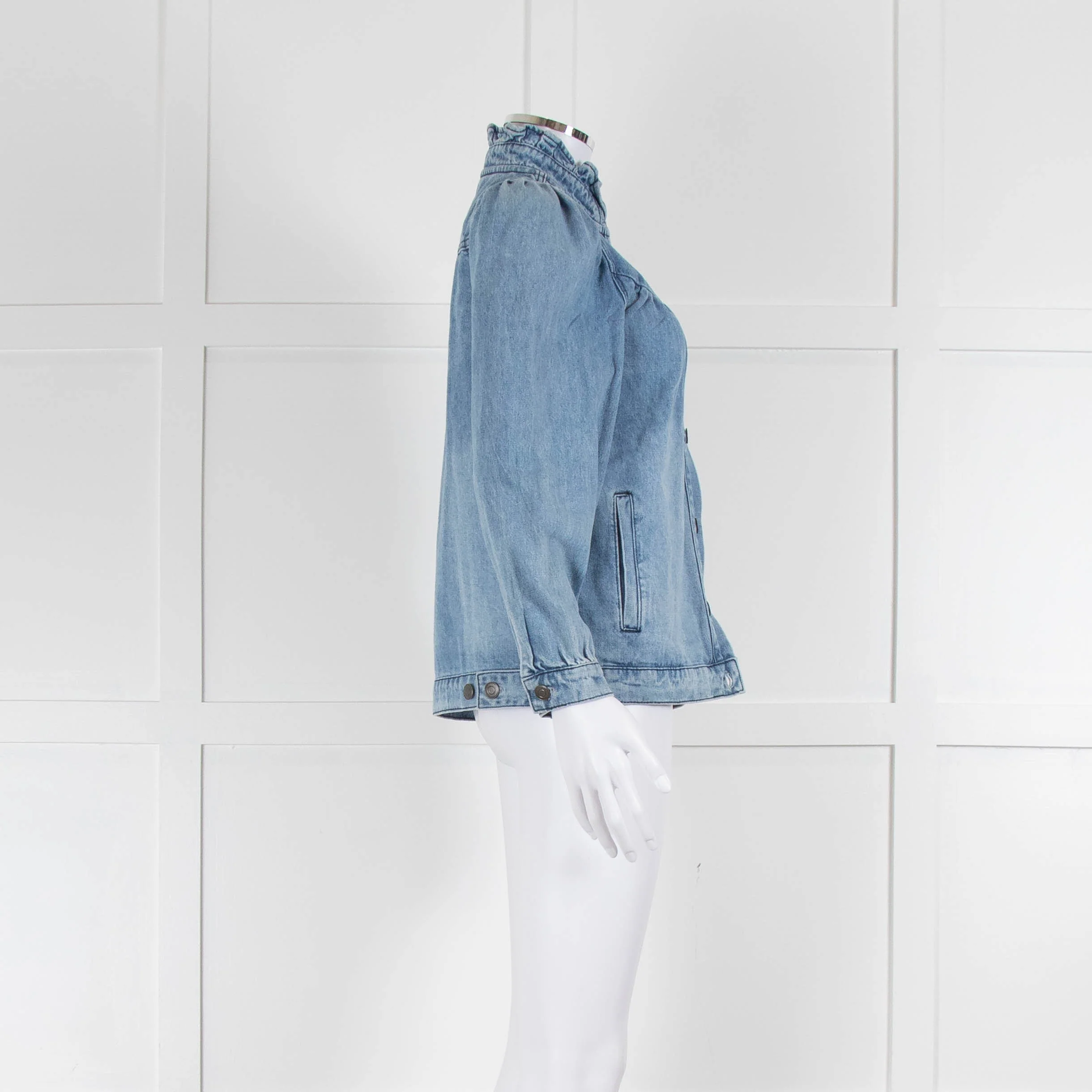 Wyse Blue Frill Detail Neck Front Button Denim Shirt - Image 2