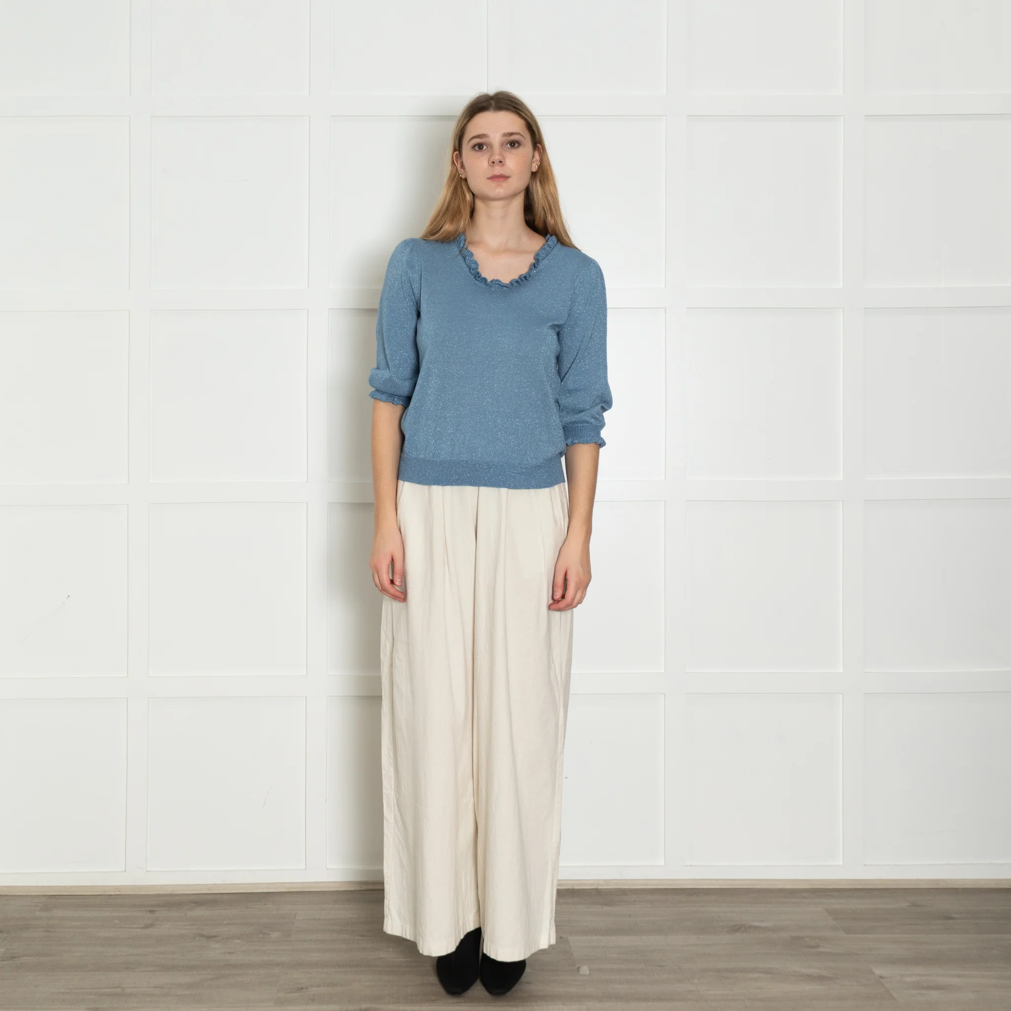 Wyse Blue Lurex Frill Trim Sweater