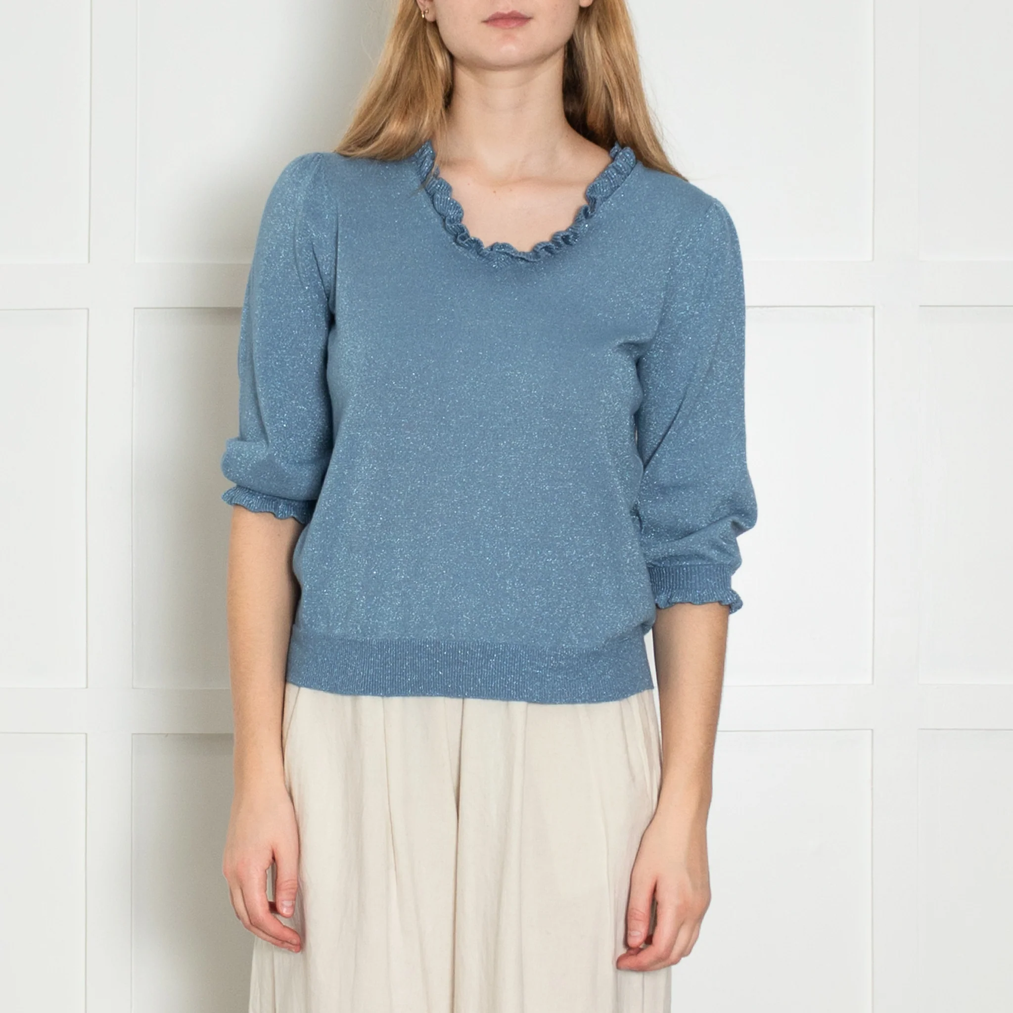 Wyse Blue Lurex Frill Trim Sweater - Image 2