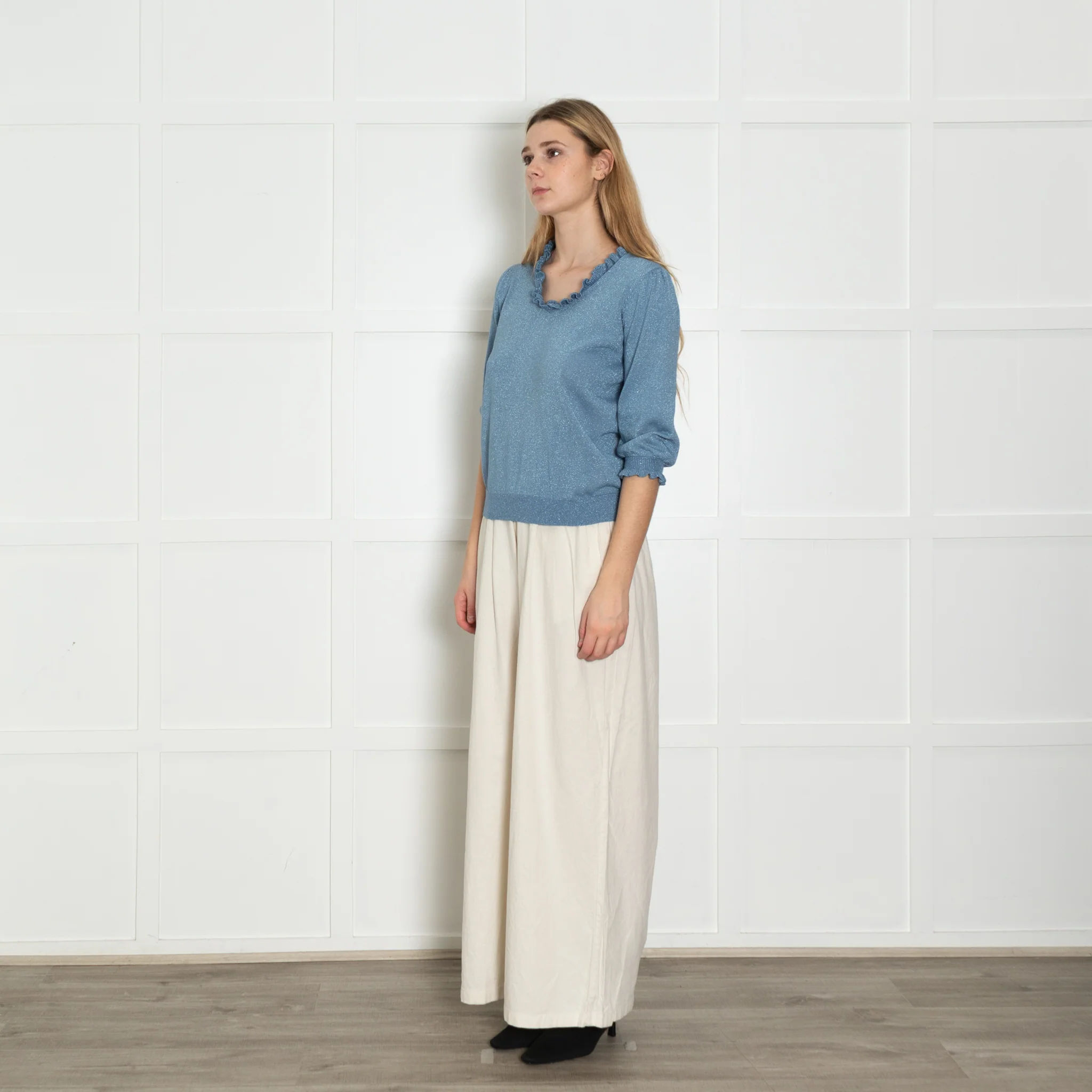 Wyse Blue Lurex Frill Trim Sweater - Image 3