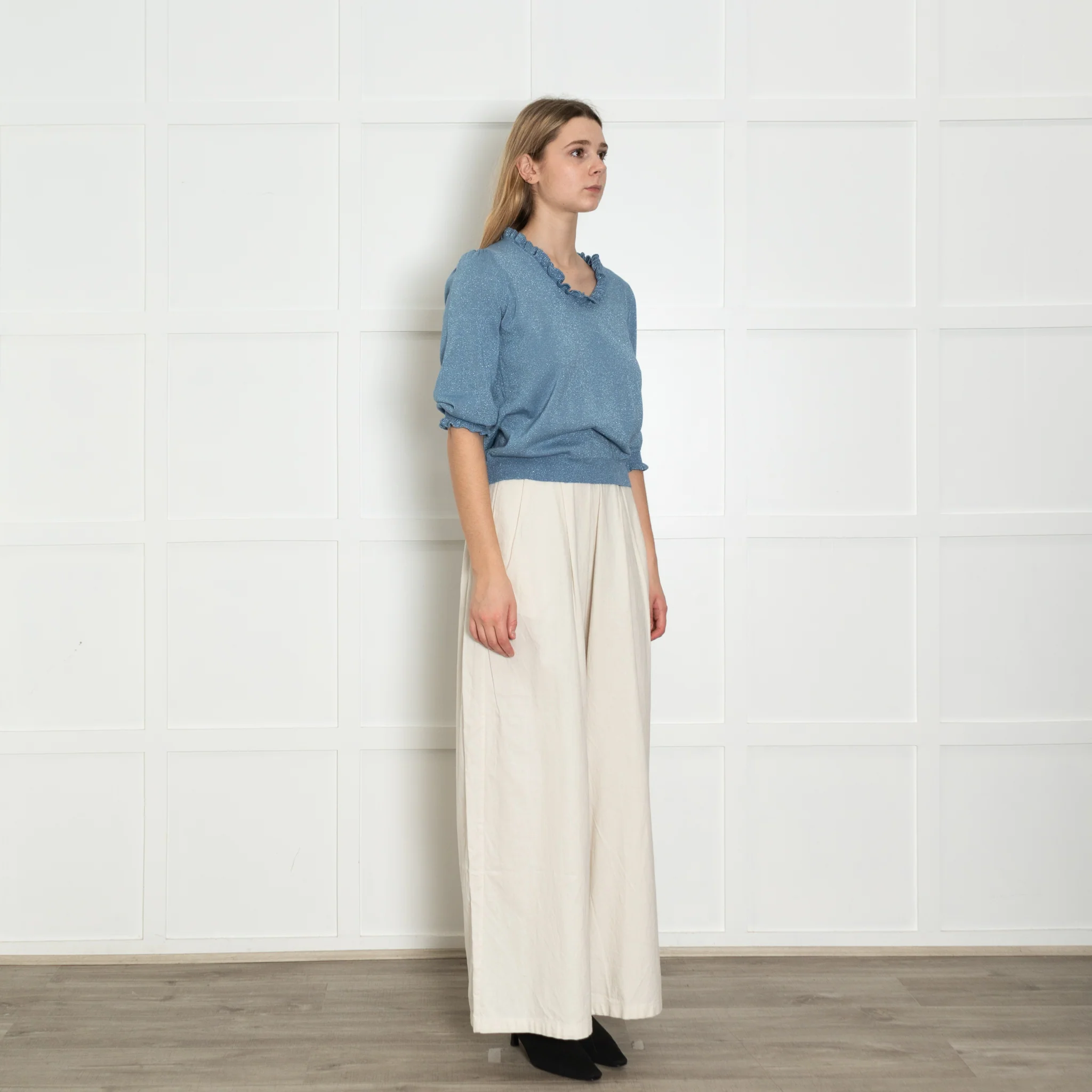 Wyse Blue Lurex Frill Trim Sweater - Image 7