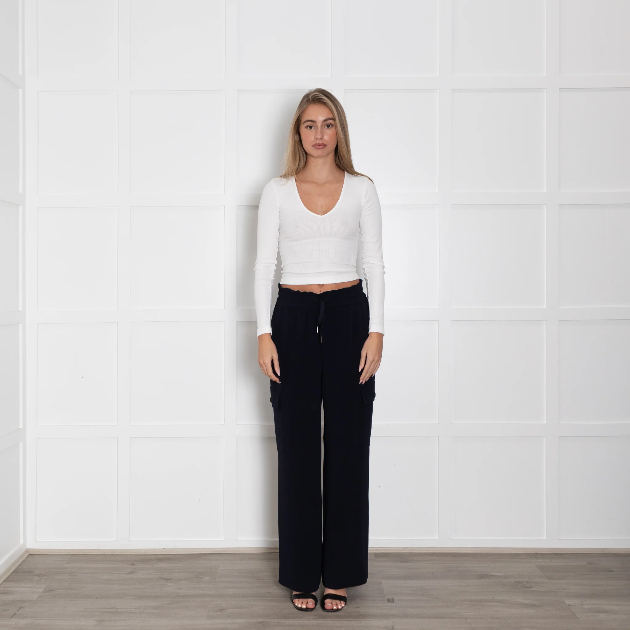 Wyse Blue Wide Leg Elastic Waist Cargo Trousers