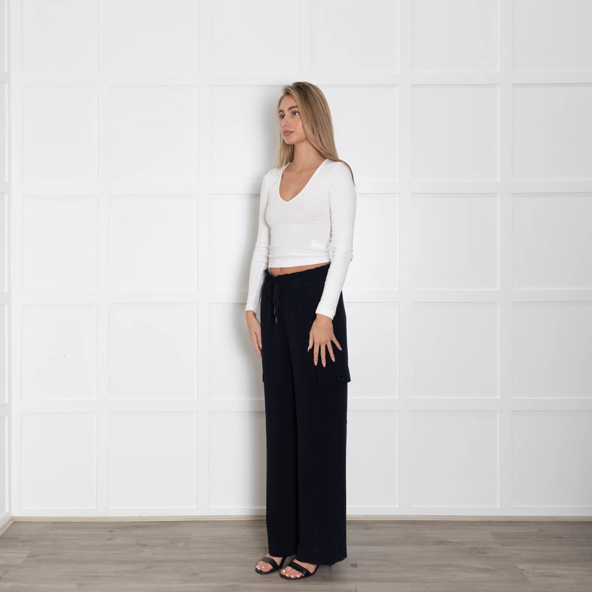Wyse Blue Wide Leg Elastic Waist Cargo Trousers - Image 3