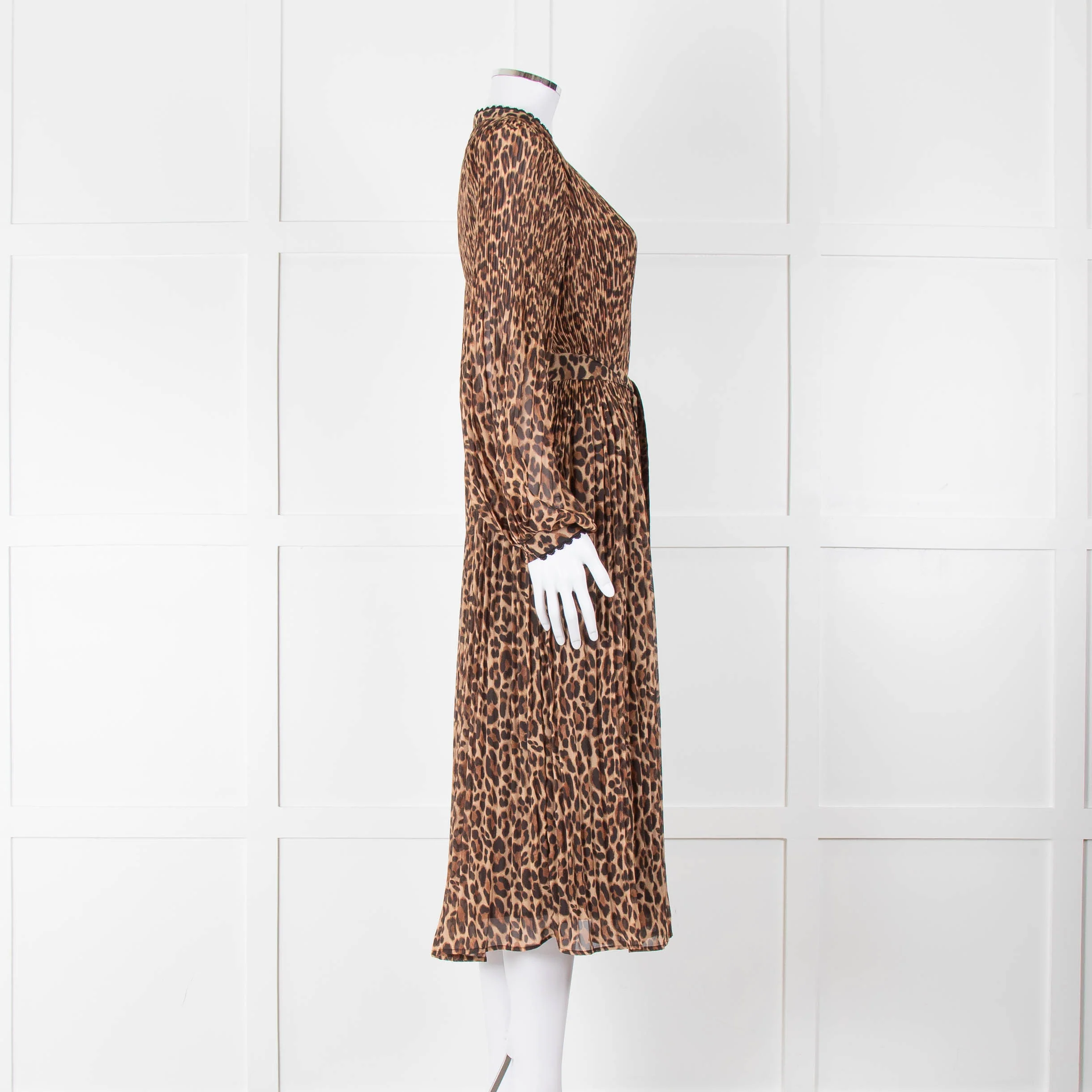 Wyse Brown Animal Print Pleated Long Sleeve Dress - Image 3