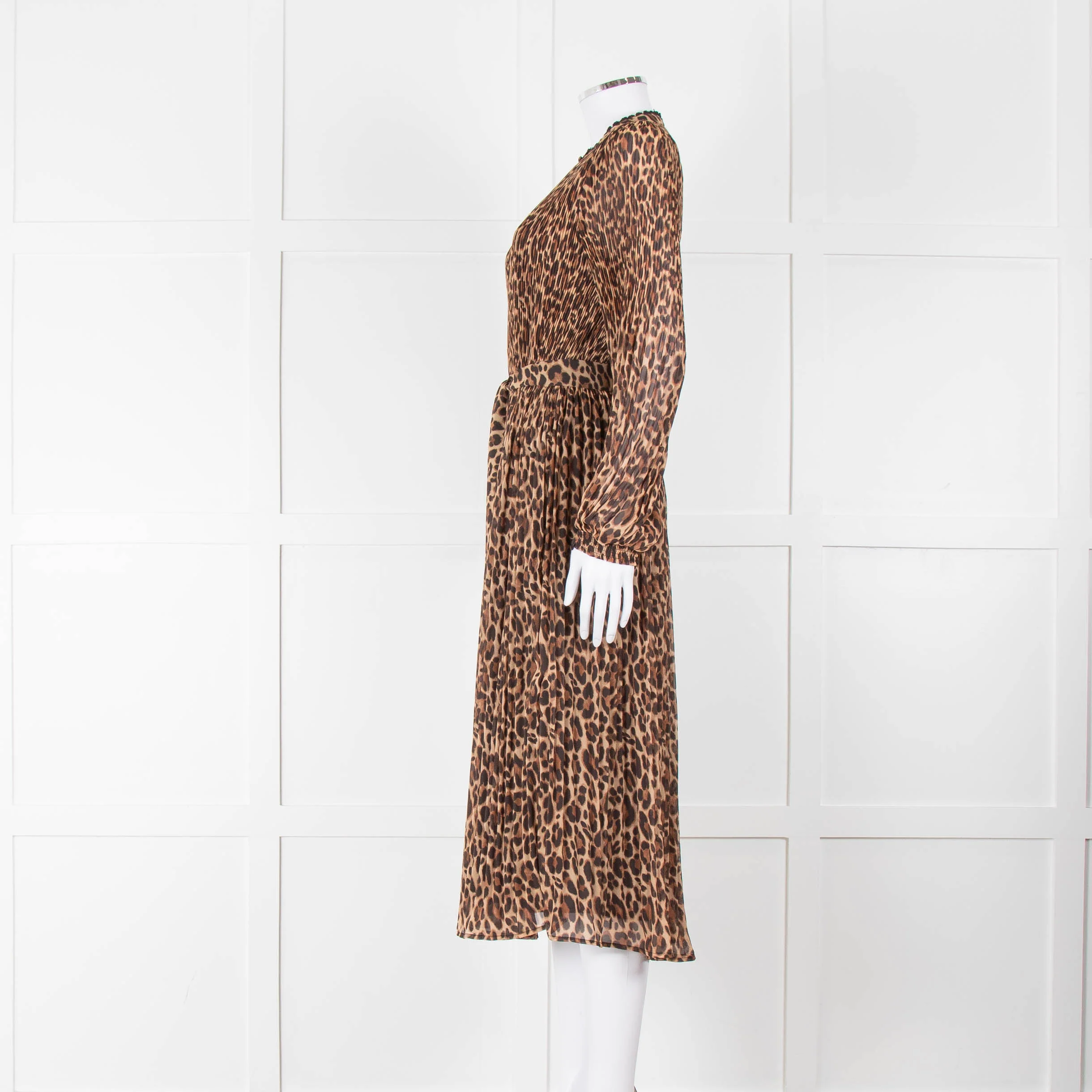 Wyse Brown Animal Print Pleated Long Sleeve Dress - Image 7