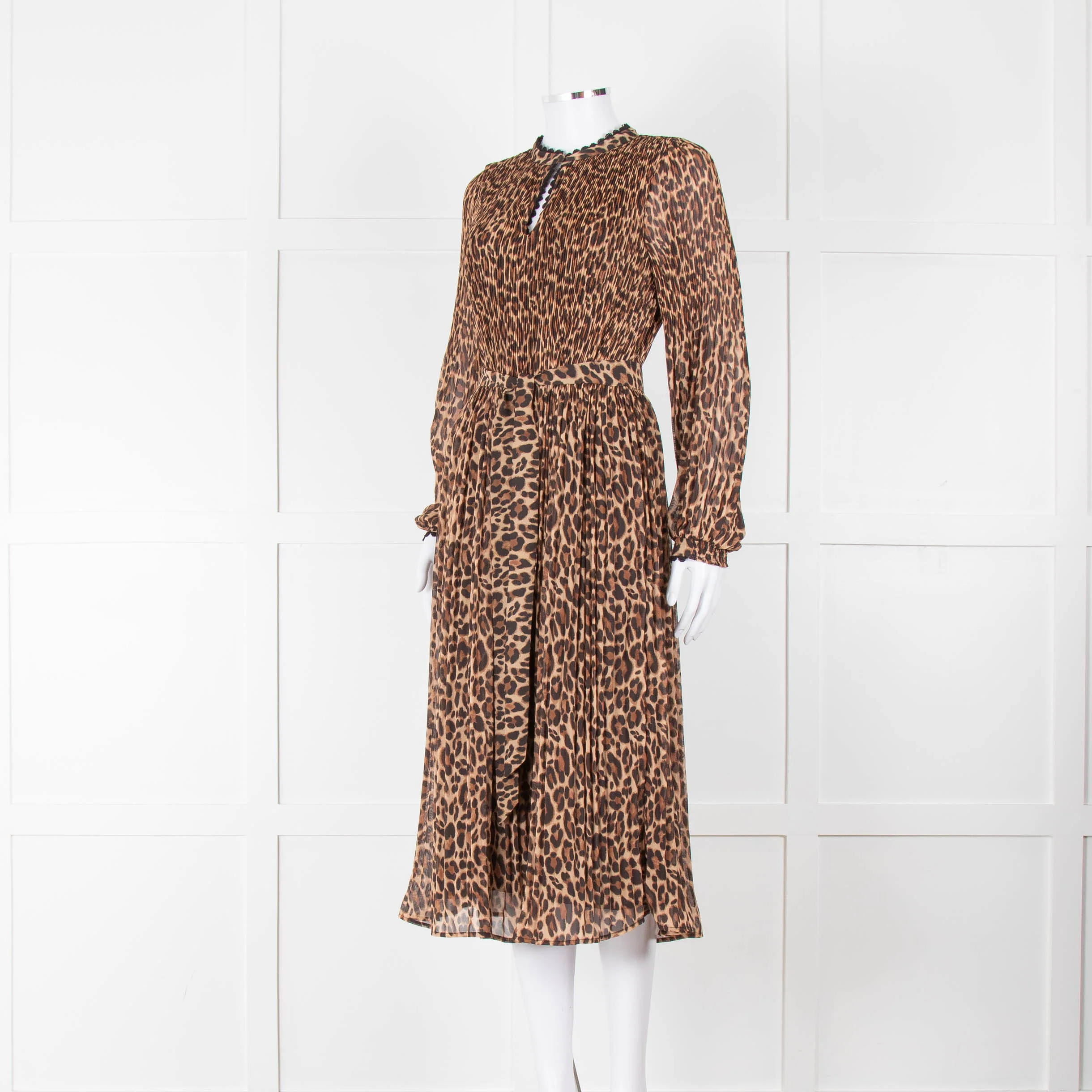 Wyse Brown Animal Print Pleated Long Sleeve Dress - Image 8