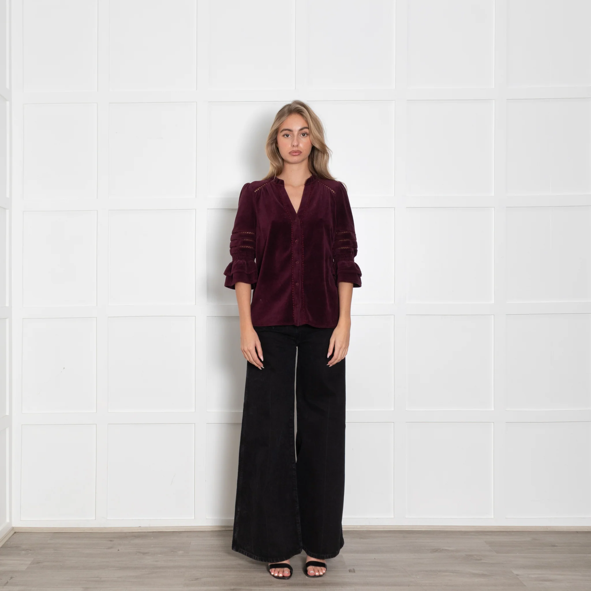Wyse Burgundy Frill Lace Detail Pin Needle Cord Top