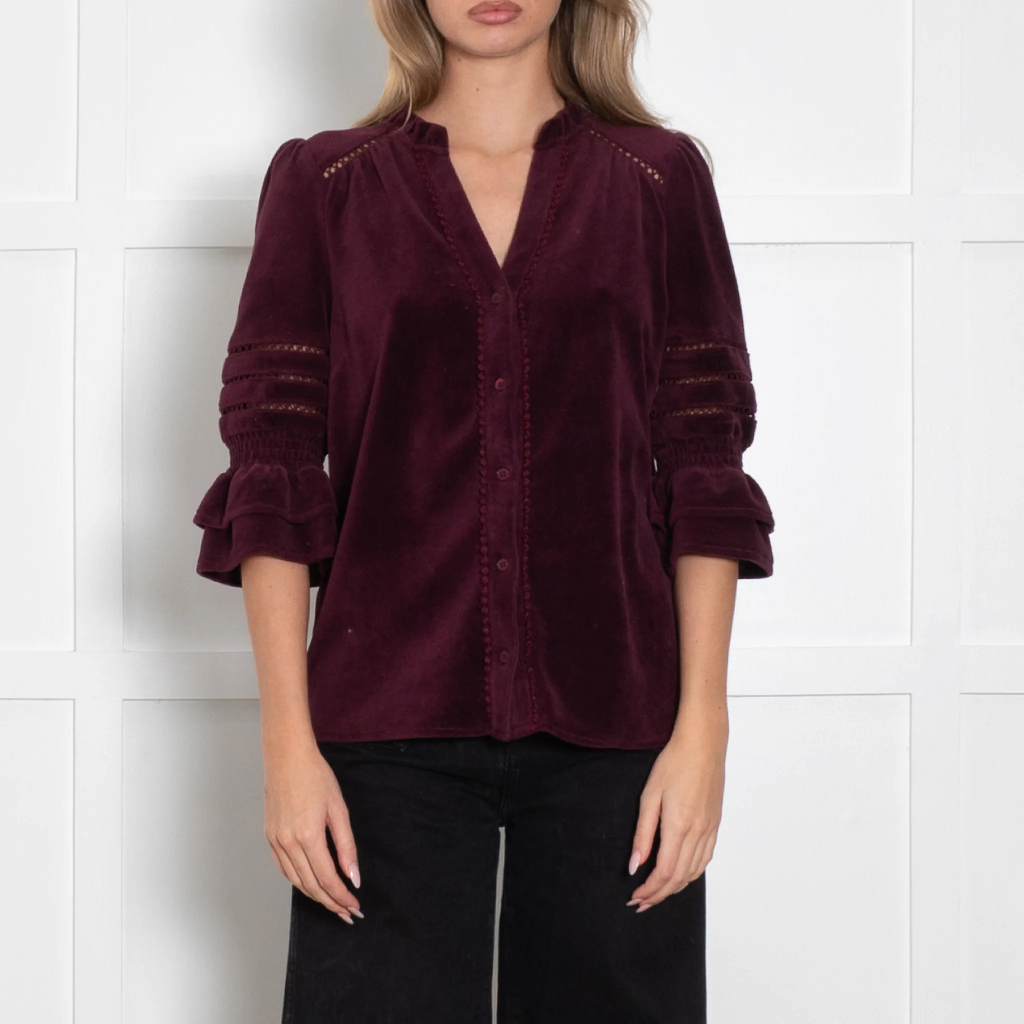 Wyse Burgundy Frill Lace Detail Pin Needle Cord Top - Image 2