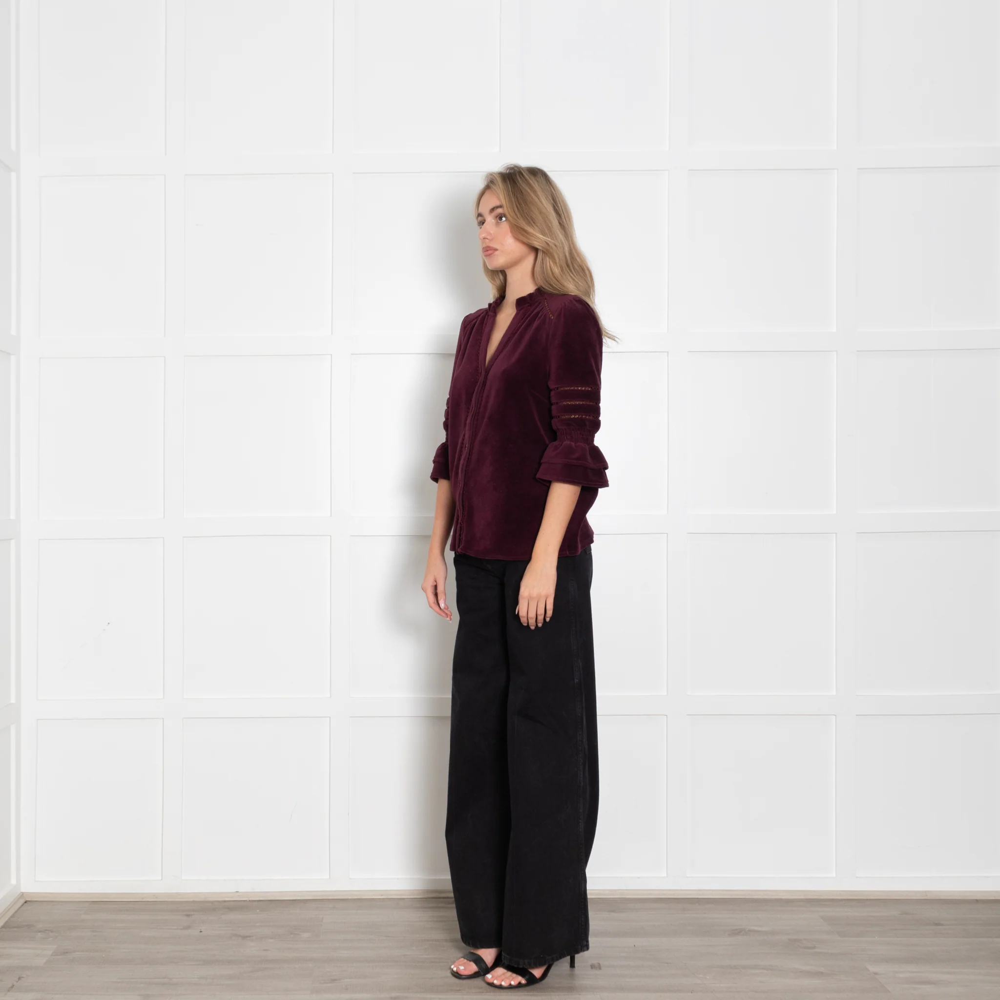 Wyse Burgundy Frill Lace Detail Pin Needle Cord Top - Image 3