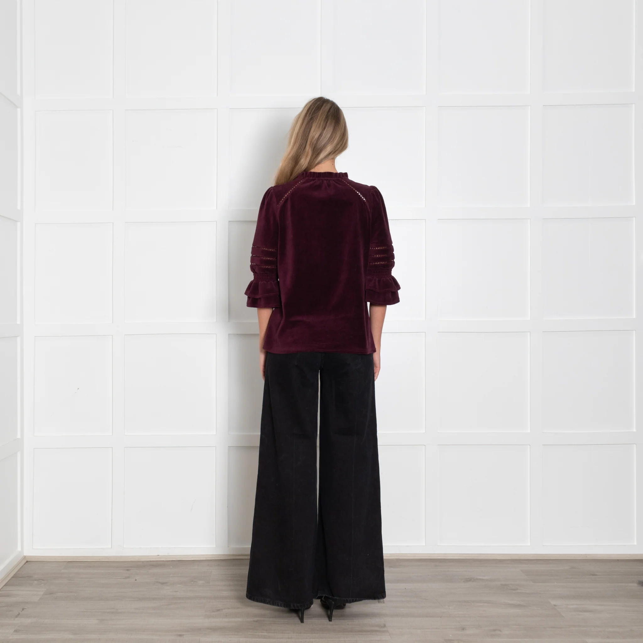 Wyse Burgundy Frill Lace Detail Pin Needle Cord Top - Image 5