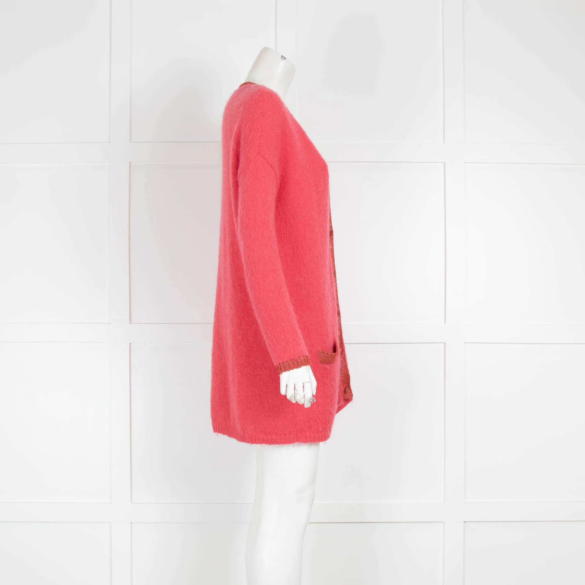 Wyse Coral Lurex Trim Mohair Long Cardigan - Image 2