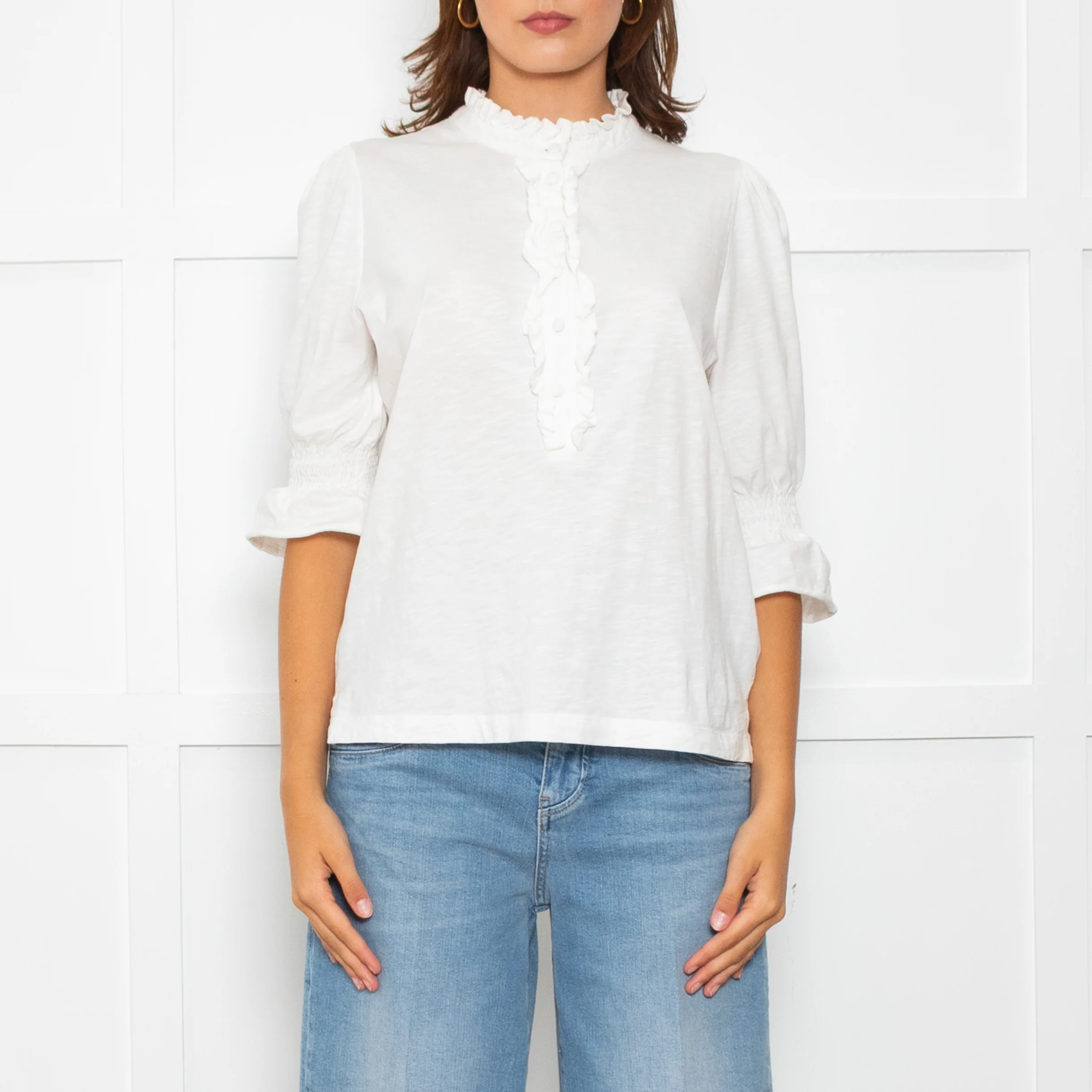 Wyse Cream Cotton Frill Trim Short Sleeve Top - Image 2