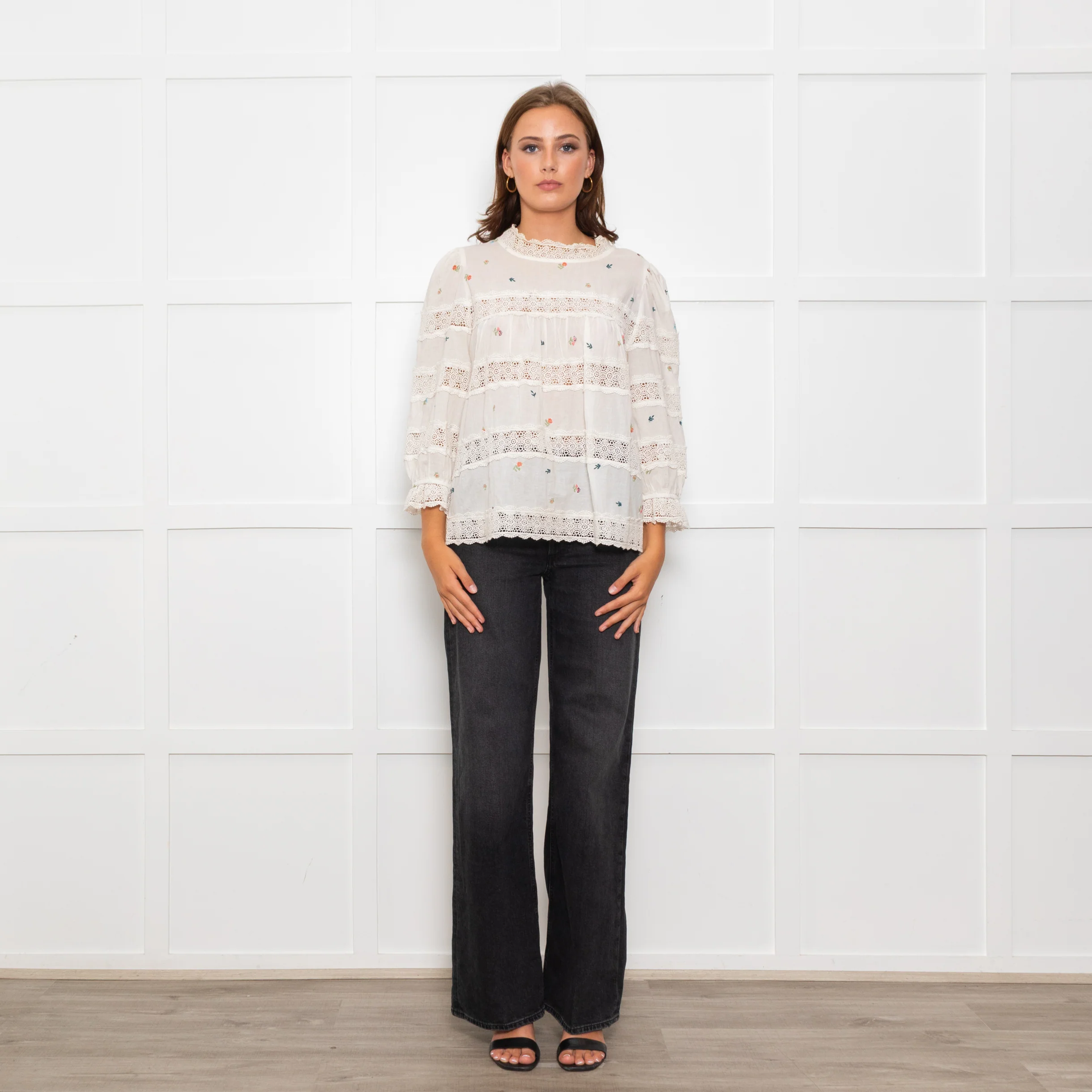 Wyse Cream Lace Trim Cotton Long Sleeve Top