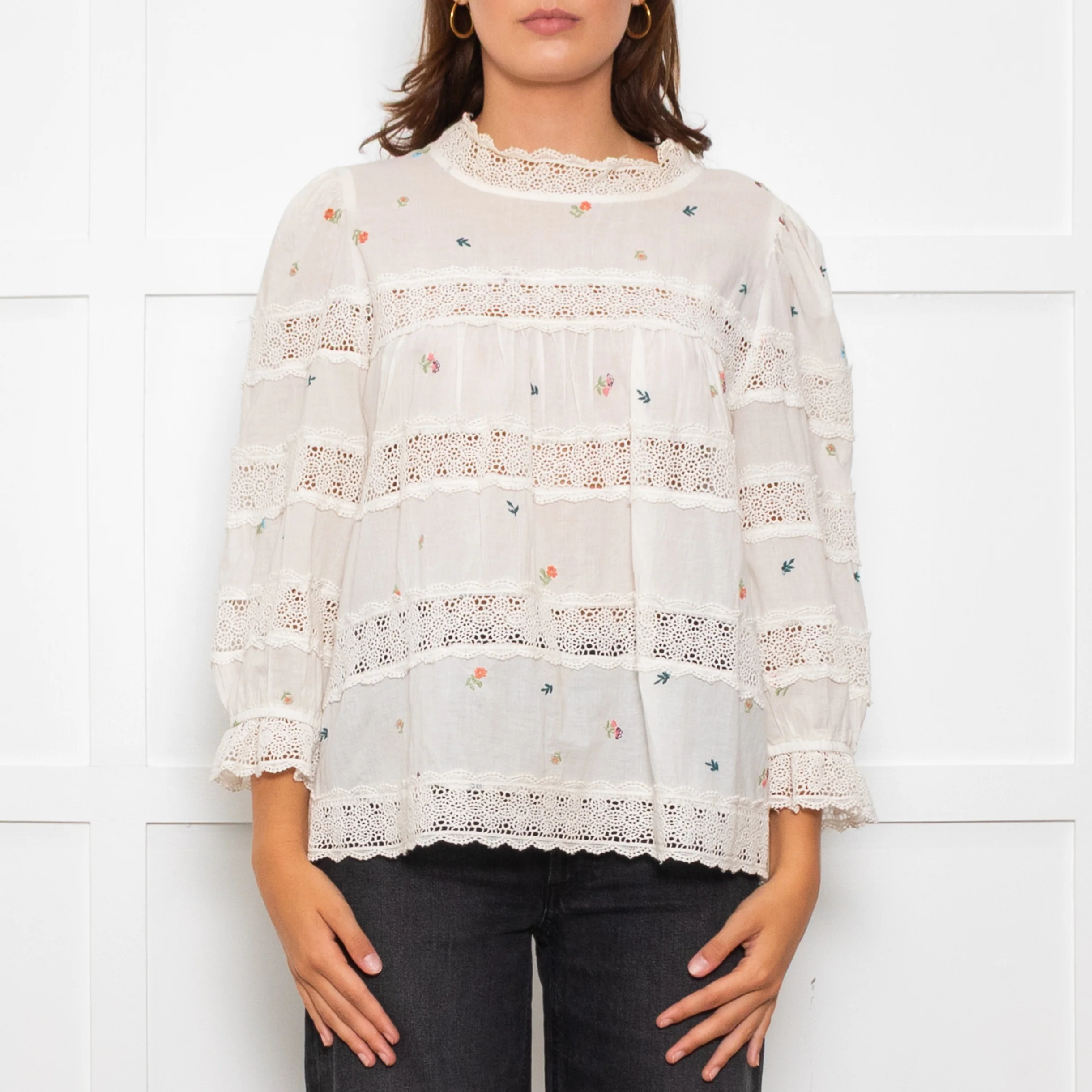 Wyse Cream Lace Trim Cotton Long Sleeve Top - Image 2