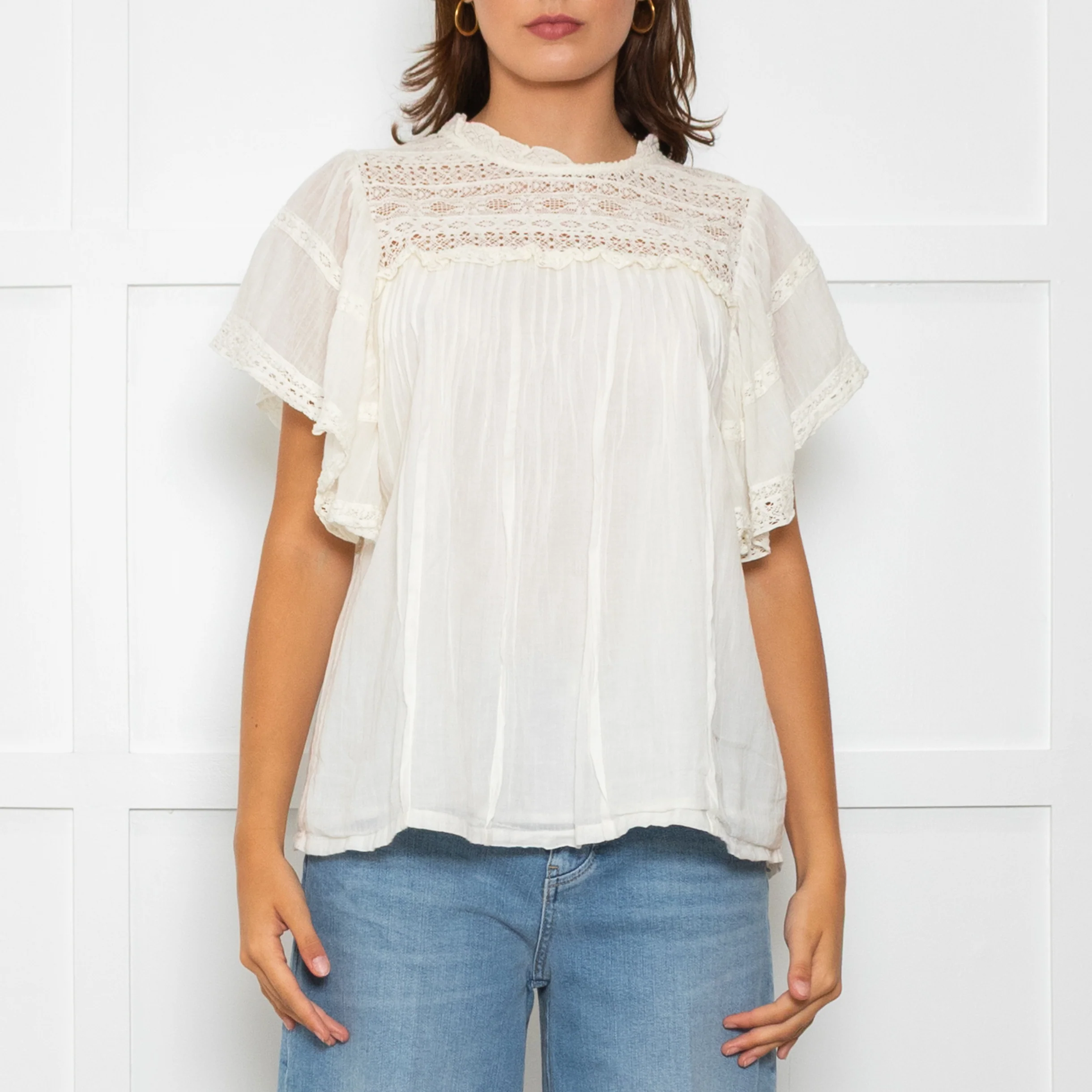 Wyse Cream Lace Trim Frill Sleeve Top - Image 2