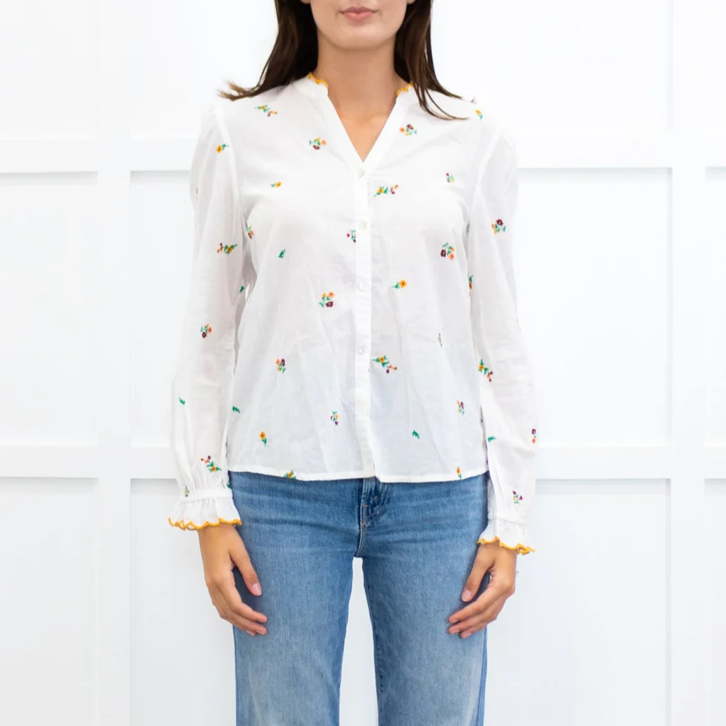 Wyse Cream Long Sleeve Flower Yellow Scallop Collar Blouse - Image 2