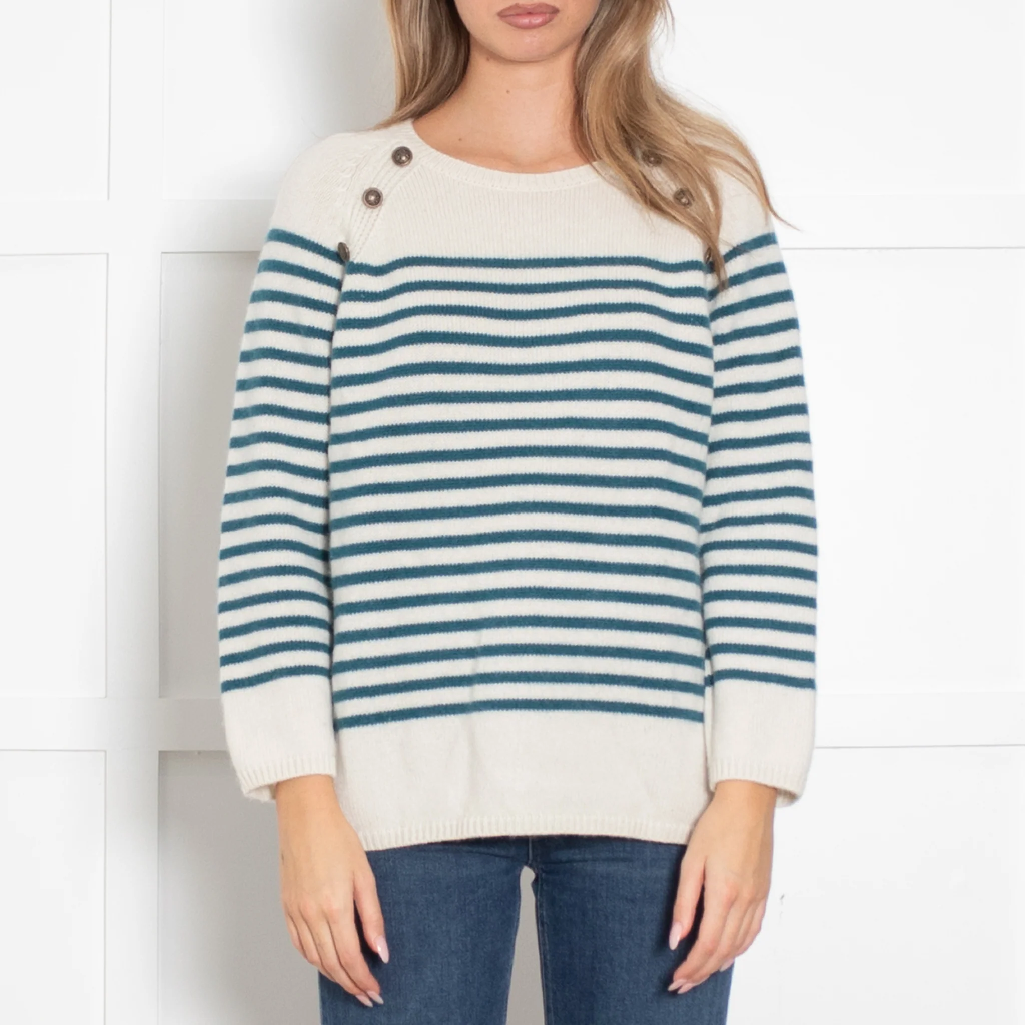 Wyse Cream Teal Striped Cashmere Jumper - Image 2