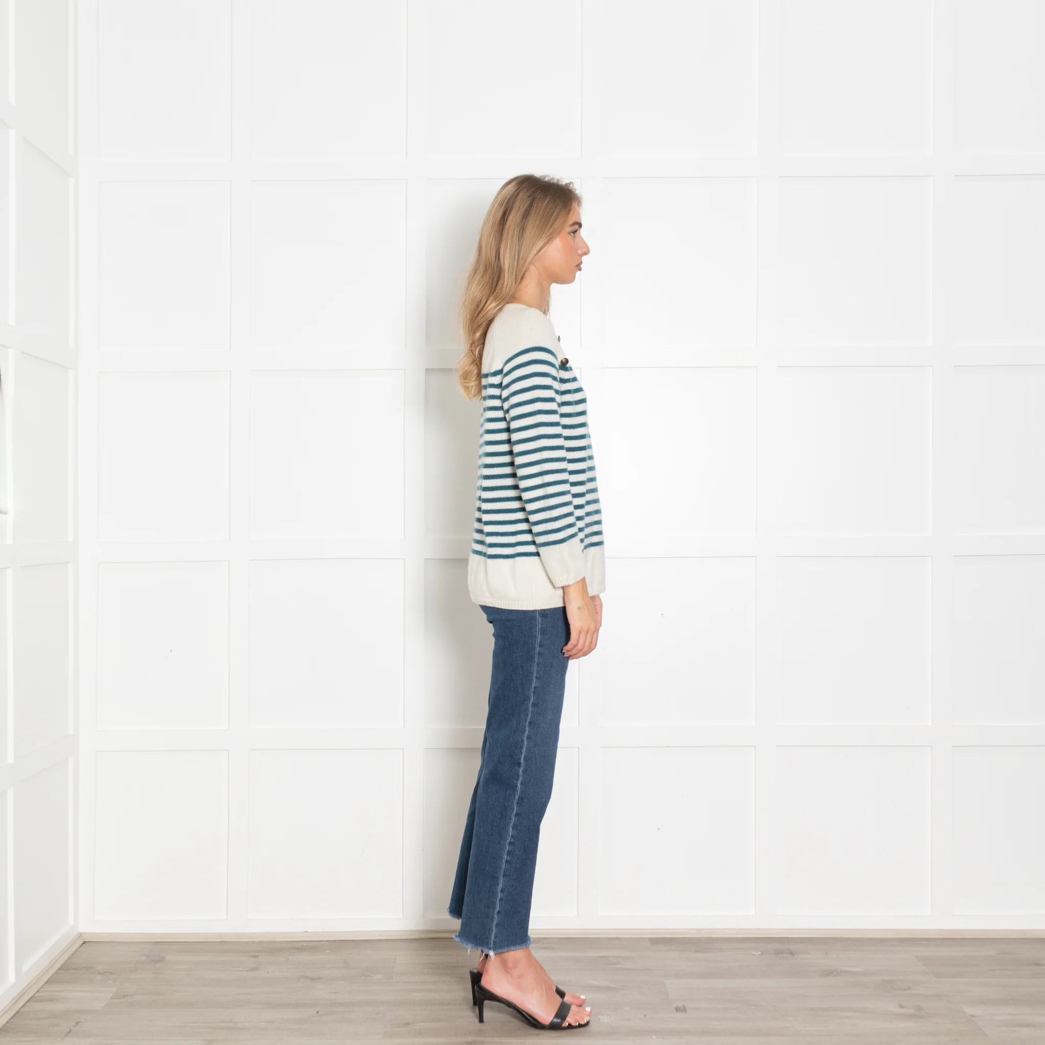Wyse Cream Teal Striped Cashmere Jumper - Image 6
