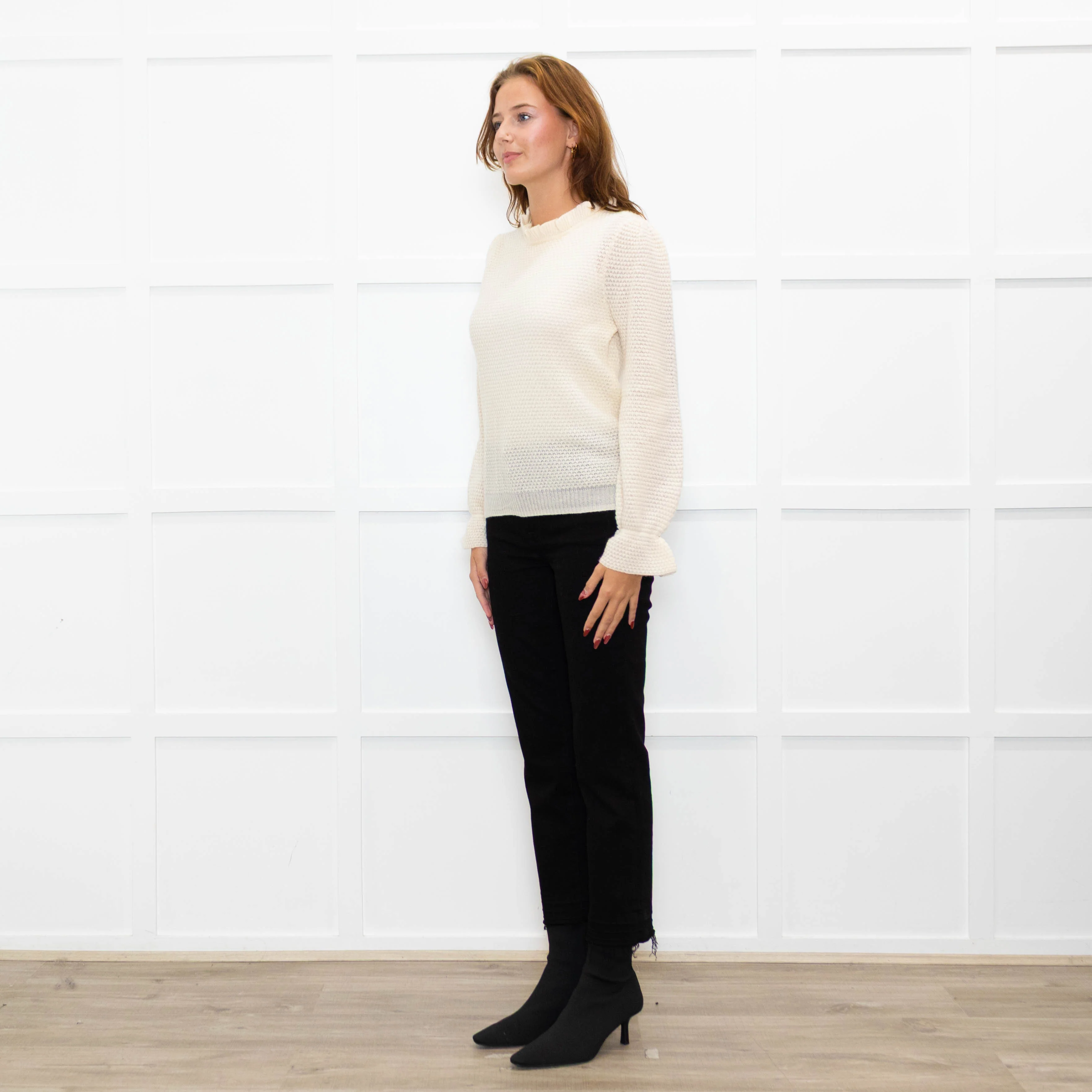Wyse Cream Textured  Frilled Trim Cotton Sweater - Image 3