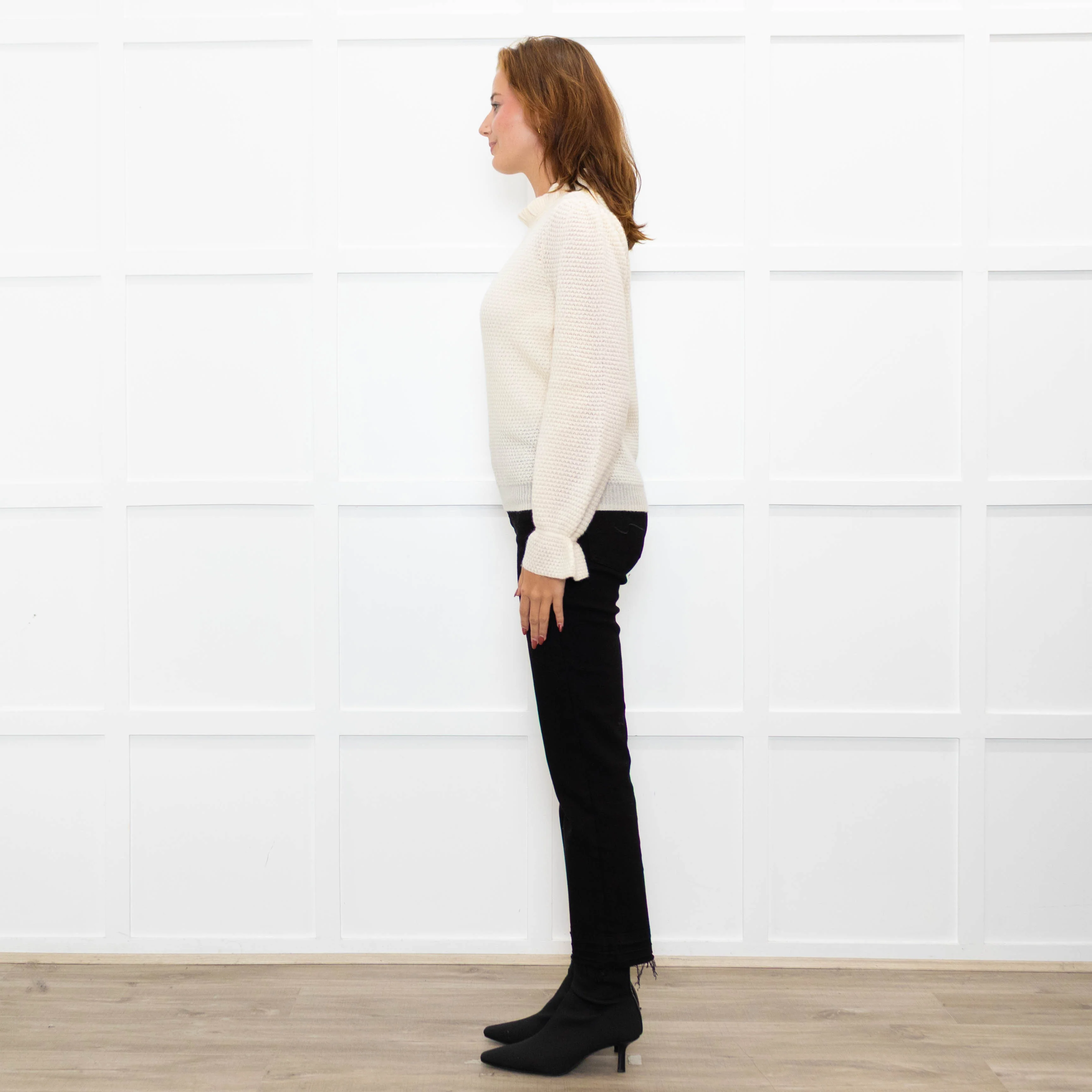 Wyse Cream Textured  Frilled Trim Cotton Sweater - Image 4
