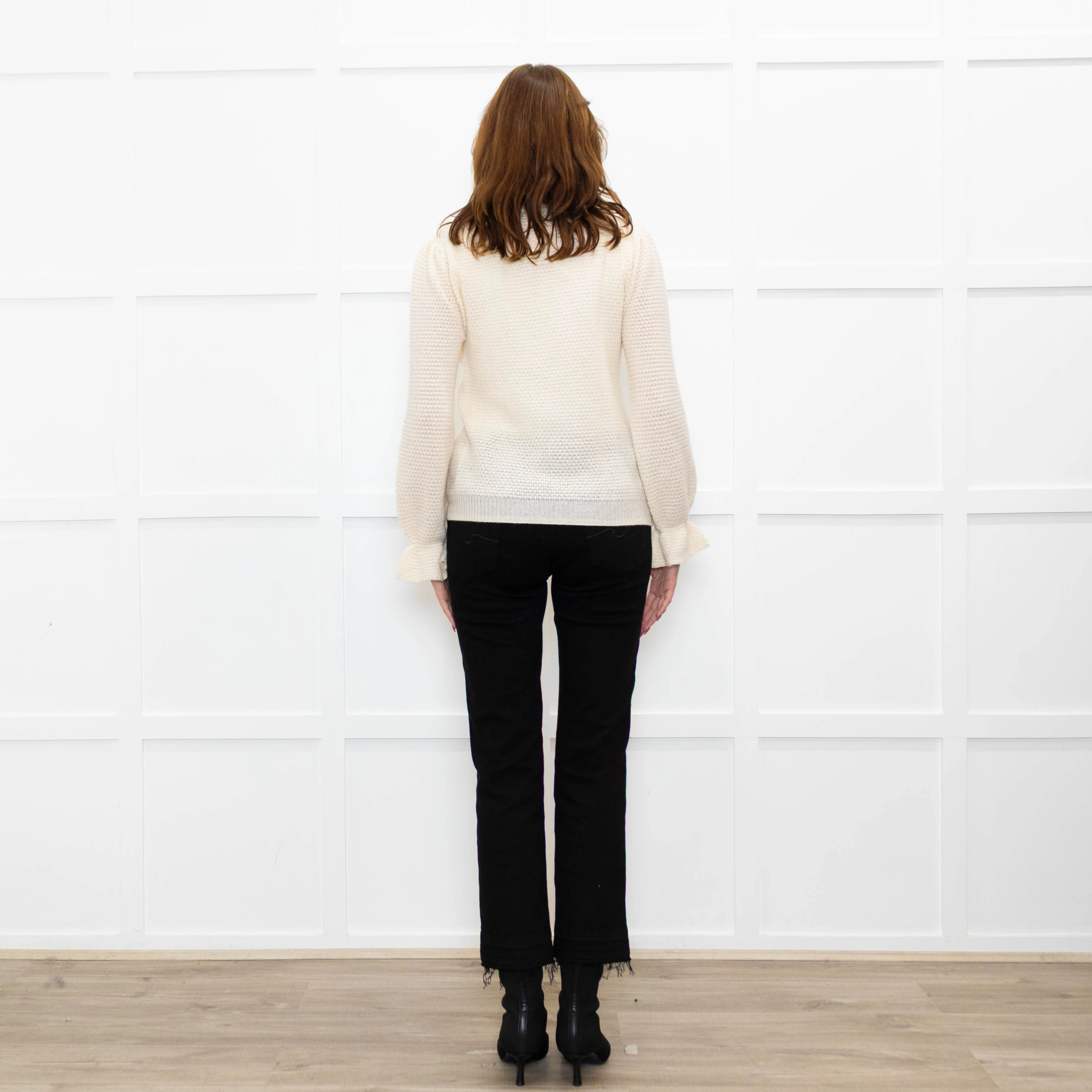Wyse Cream Textured  Frilled Trim Cotton Sweater - Image 5