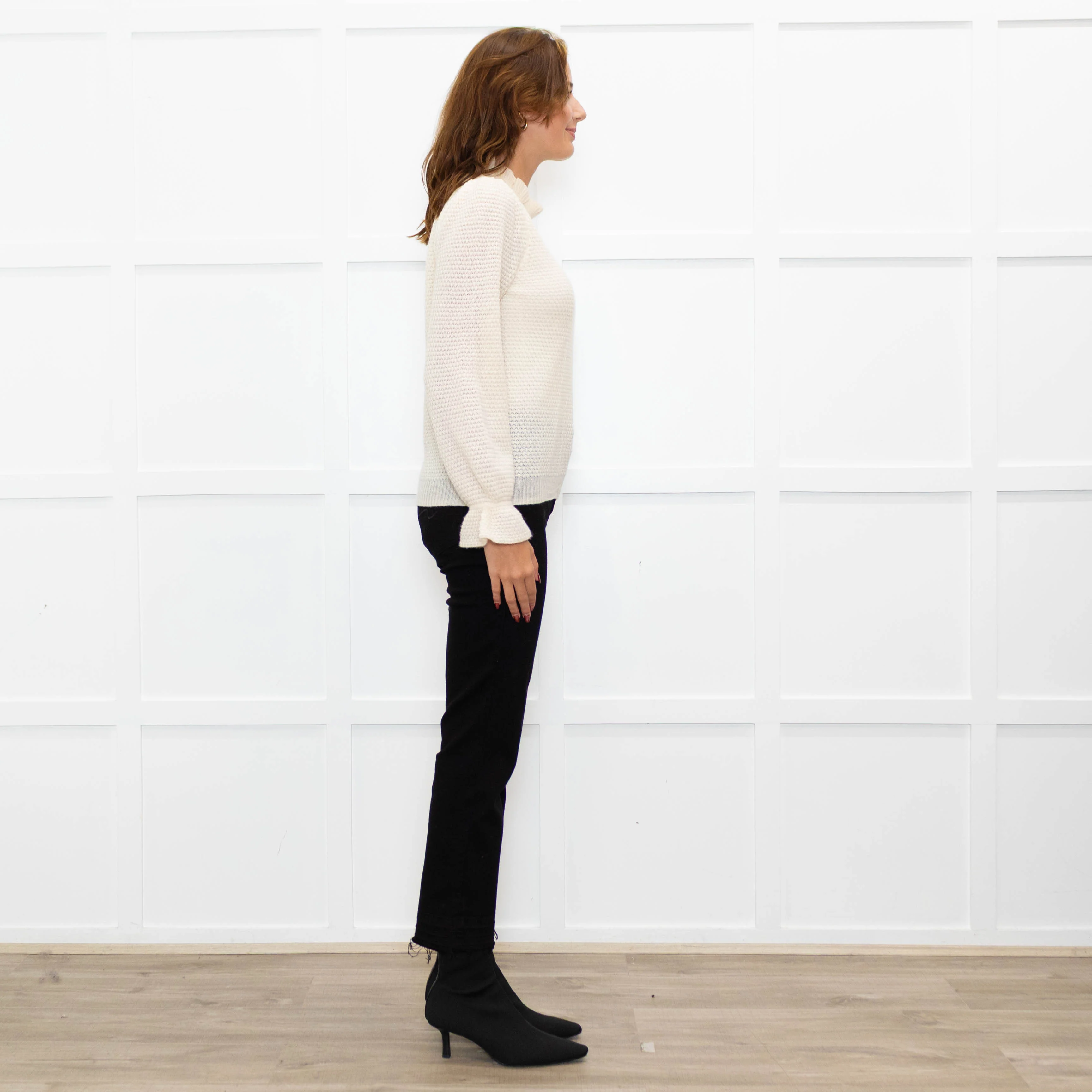 Wyse Cream Textured  Frilled Trim Cotton Sweater - Image 6