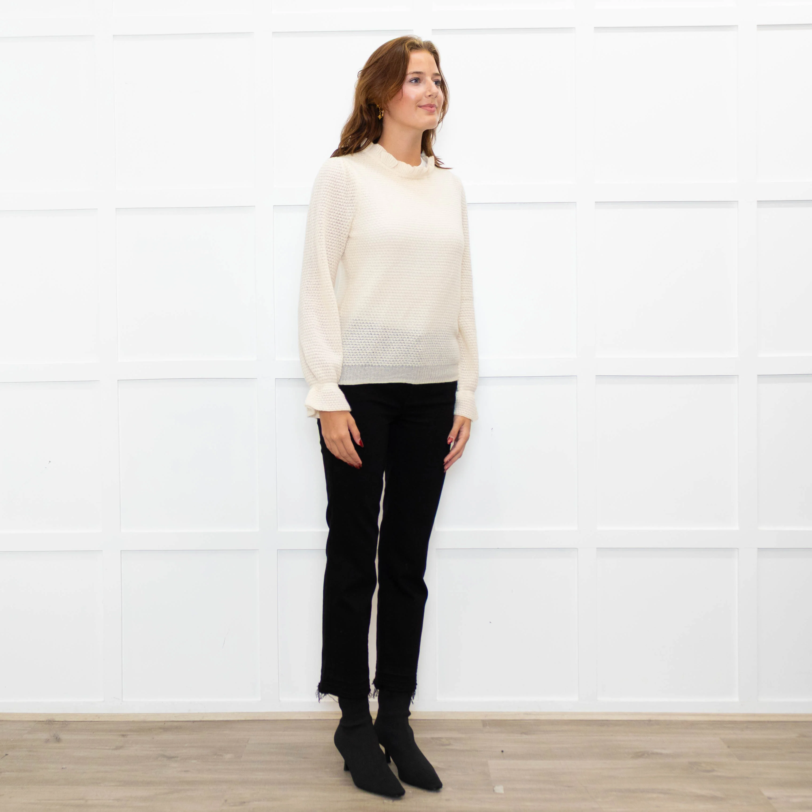 Wyse Cream Textured  Frilled Trim Cotton Sweater - Image 7