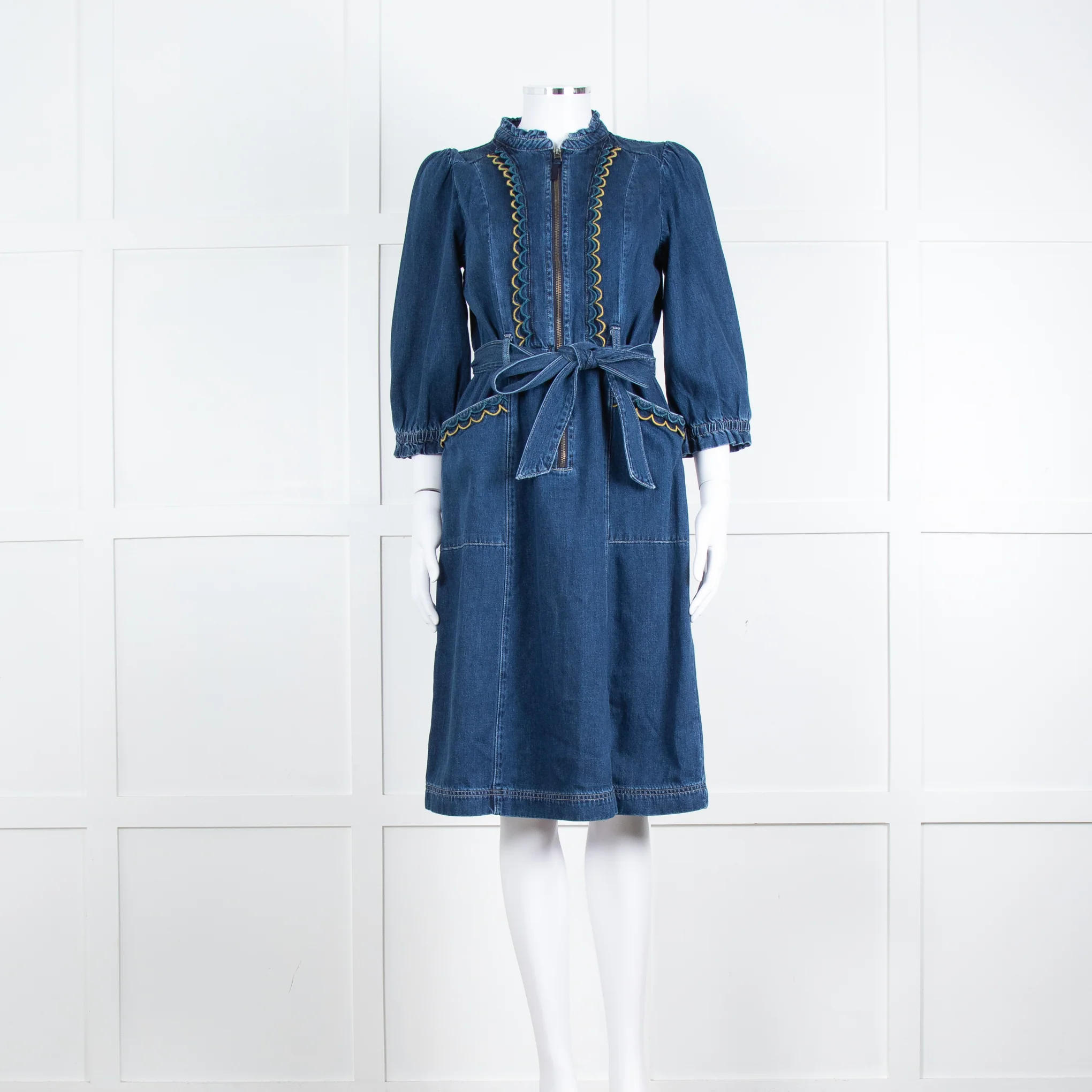 Wyse Dark Blue Denim Scallop Edge Detail Zip Front Dress