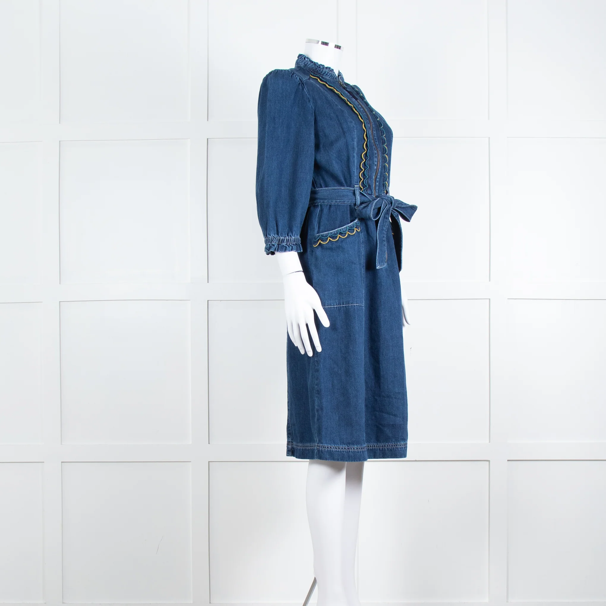 Wyse Dark Blue Denim Scallop Edge Detail Zip Front Dress - Image 8