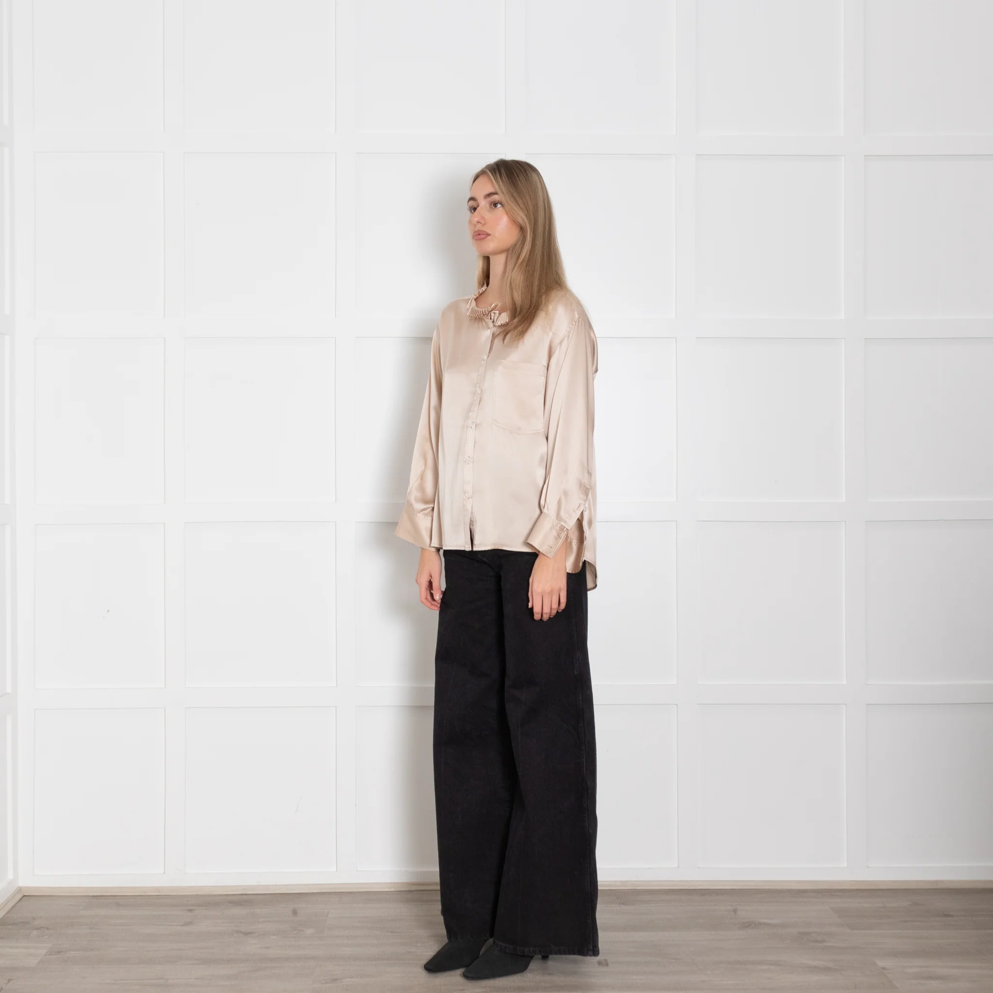 Wyse Gold Silk Satin Pleated Neck Blouse - Image 3