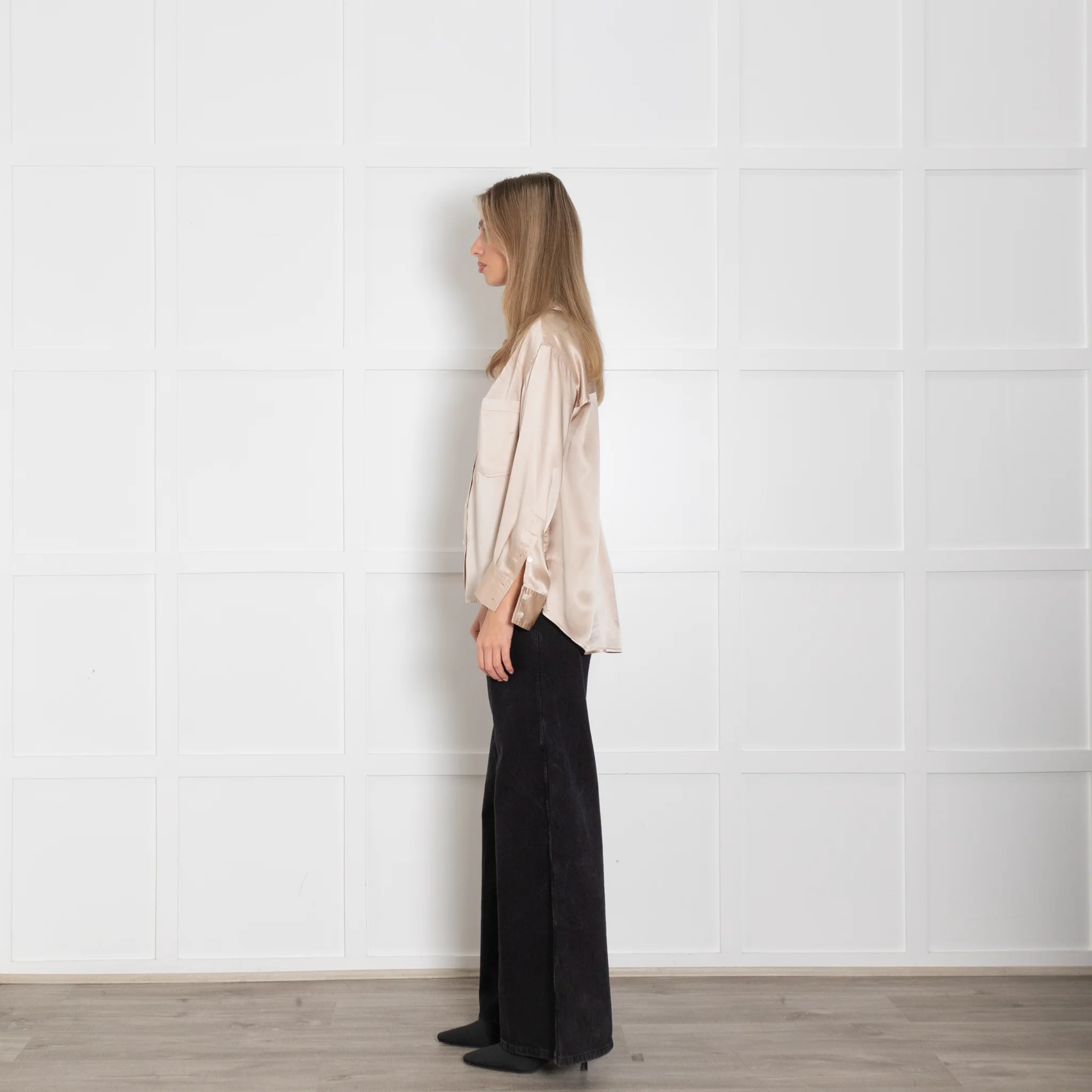 Wyse Gold Silk Satin Pleated Neck Blouse - Image 4